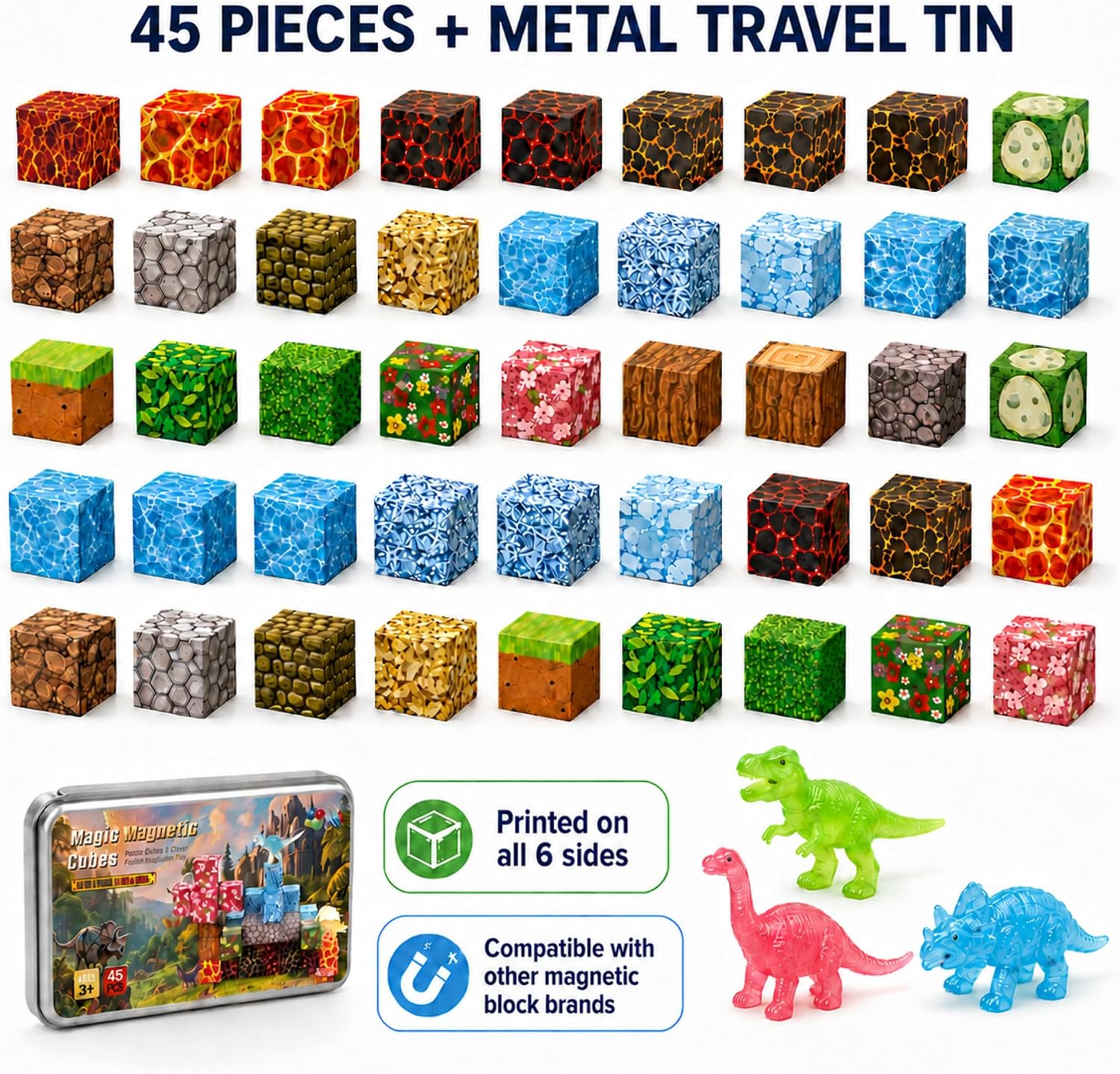 Magnetic Blocks for Kids Ages 4-8, 100 Pcs Dinosaur Magnetic Building Cubes with Glow in the Dark Dinos, STEM Stacking Magnet Blocks Toy Set for Boys and Girls image 3