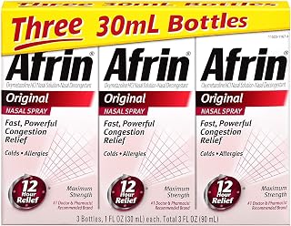 Afrin Original Maximum Strength 12 Hour Nasal Congestion Relief Spray - 3 bottles, 1 FL OZ (30mL) each. Total 3 FL OZ (90 mL)