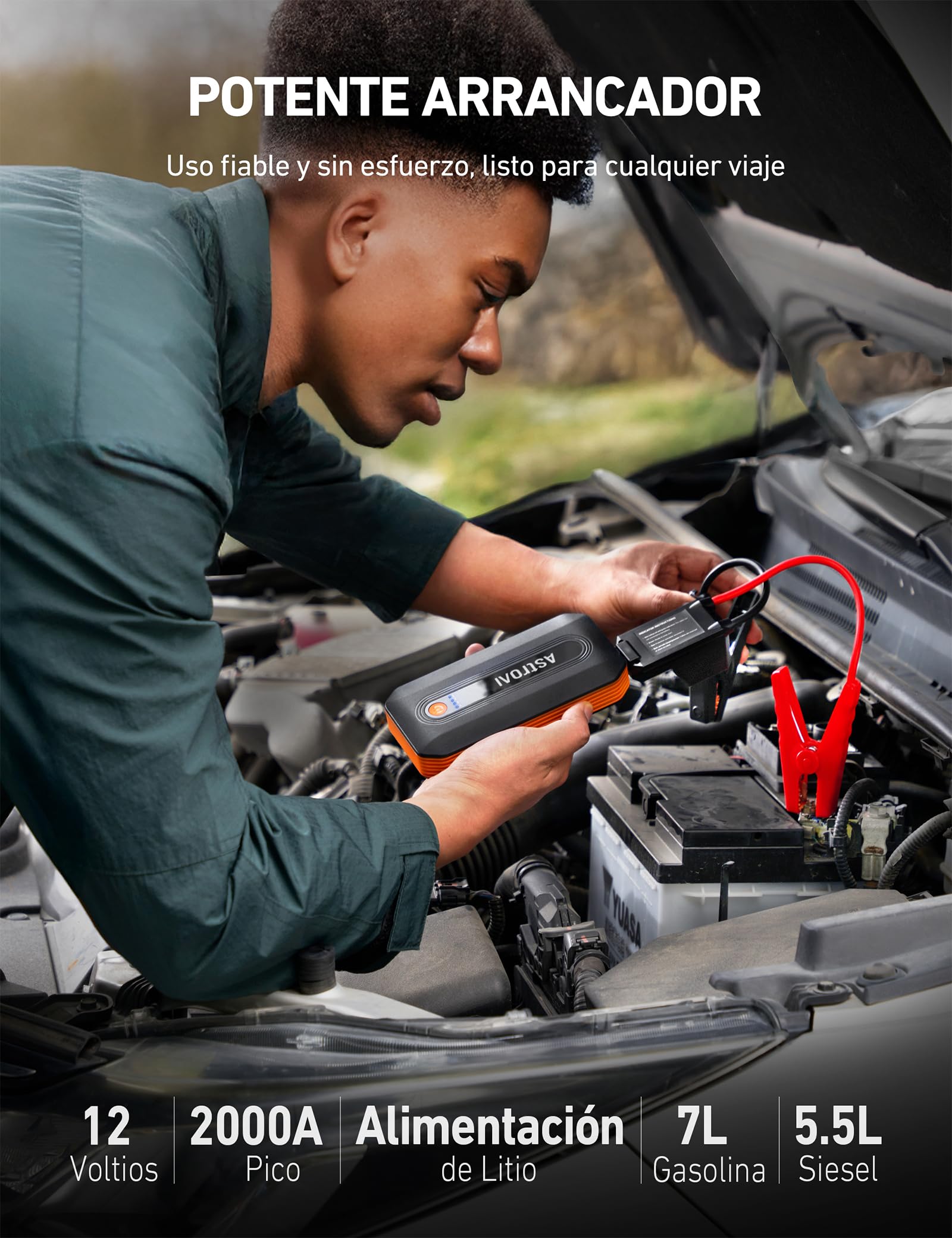 AstroAI B8 Arrancador de Baterias de Coche, Arrancador de Coches Portatil 12V (para 5.5L Disésel o 7.0L Gas), Jump Starter con Protección Inteligente con Luz LED para Cohe y Moto, Naranja