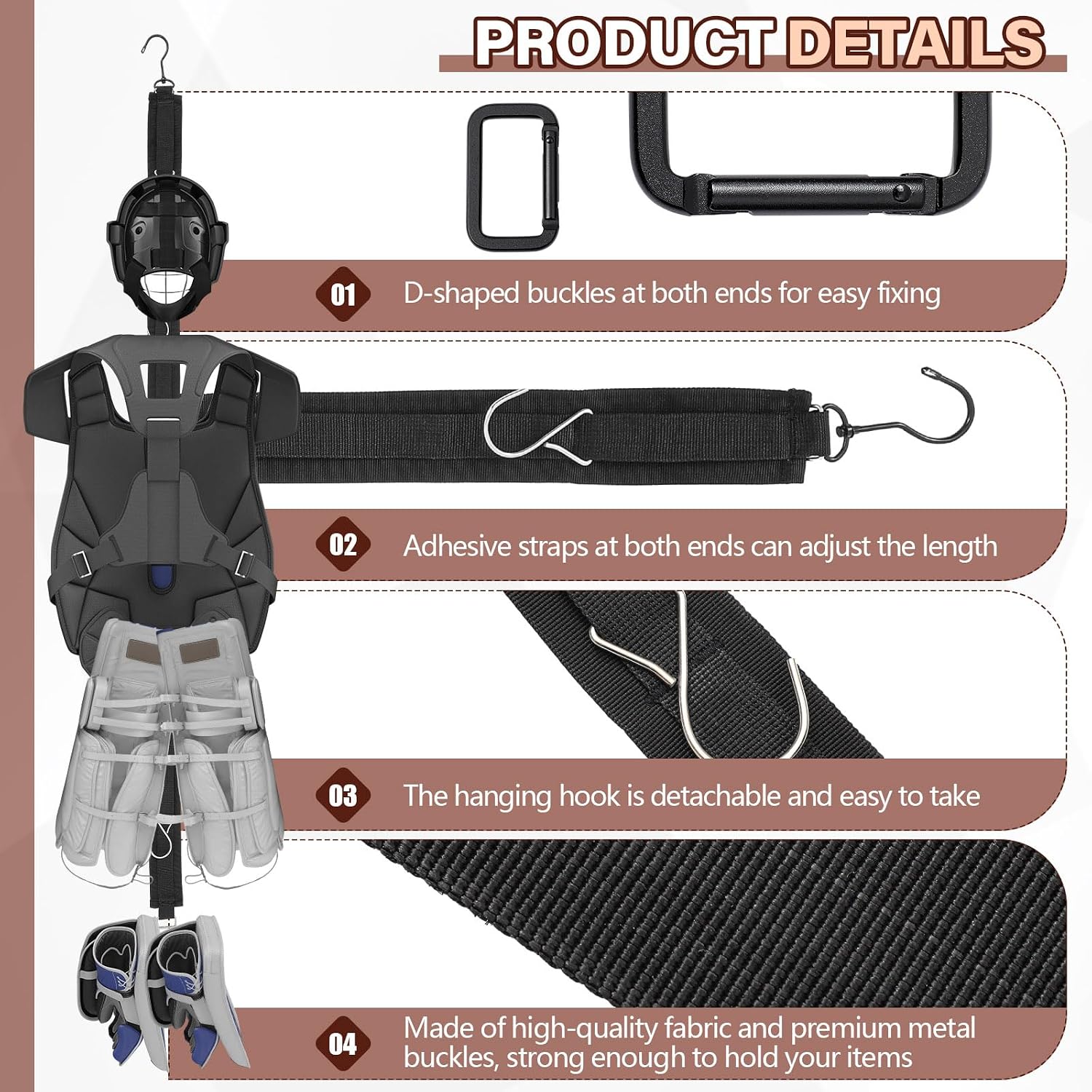 50 Inch Portable Hockey Gear Hanger Strap Vertical or Horizontal Drying Rack Hockey Equipment Drying Organizer Hockey Stuff Hanger Drying Rack with 2 Adjustable Hook Camping Outdoor image 3