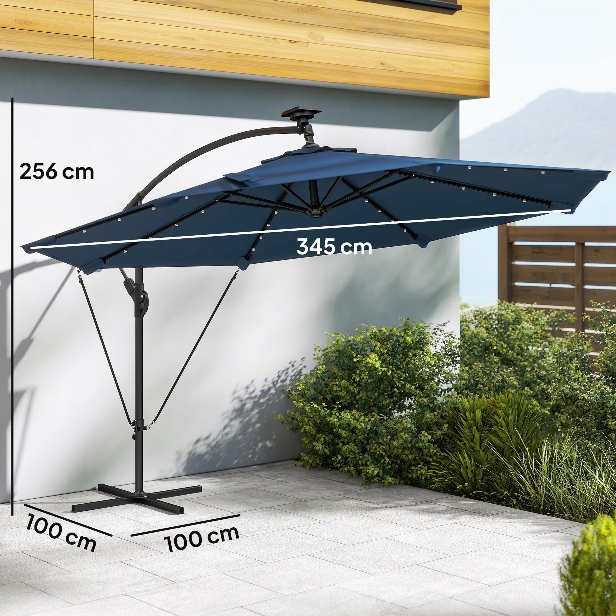 Outsunny Parasol Excéntrico con Luces LED Solares Ø345 cm Azul Marino | Sombrilla de Jardín de Aluminio, Base Cruzada, Manivela, Funda Protectora, Cuerdas de Viento, UPF50+, Terraza Exterior