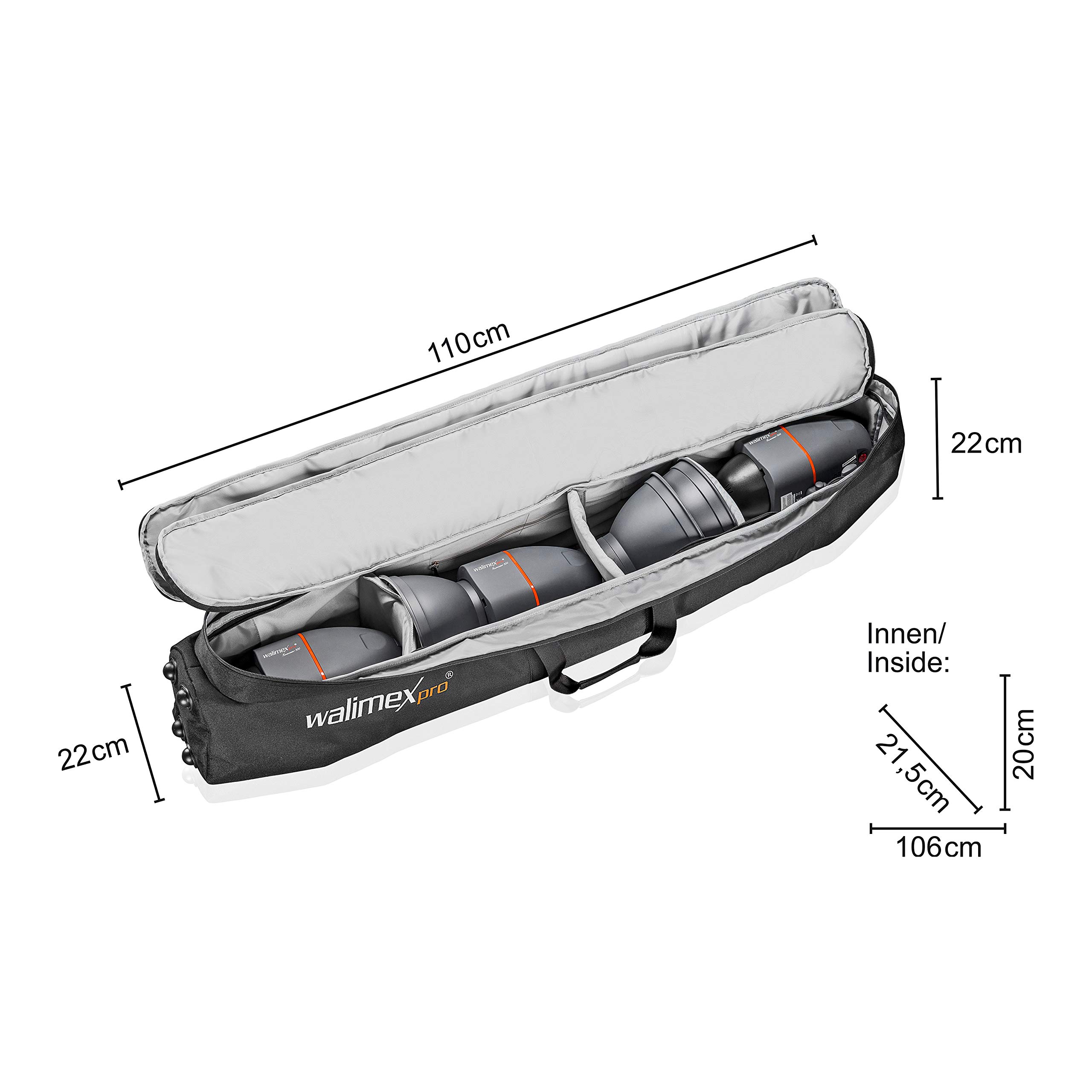 Walimex Pro Guardian Studiotasche – 1100 x 220 x 220 mm – Tasche für Foto Equipment – mit Trenner, Polsterung, Gurt und Reißverschlüssen – Perfekter Schutz für Studioblitze und Kameras