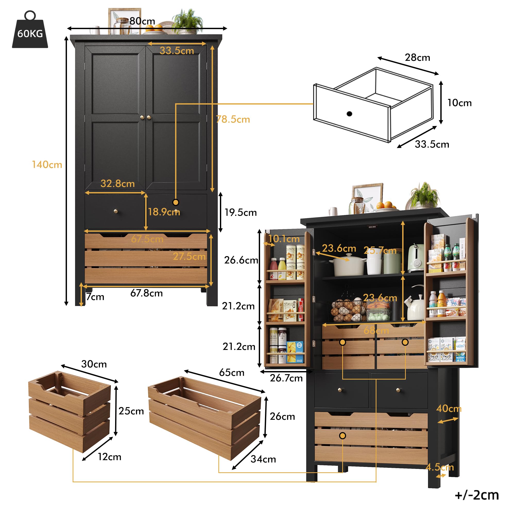 Kebnor Mobiletto da Cucina (80x40x140cm), credenza da cucina alta, credenza multiuso, mobiletto per snack, mobile di stoccaggio con due ante e cinque cassetti (nero)