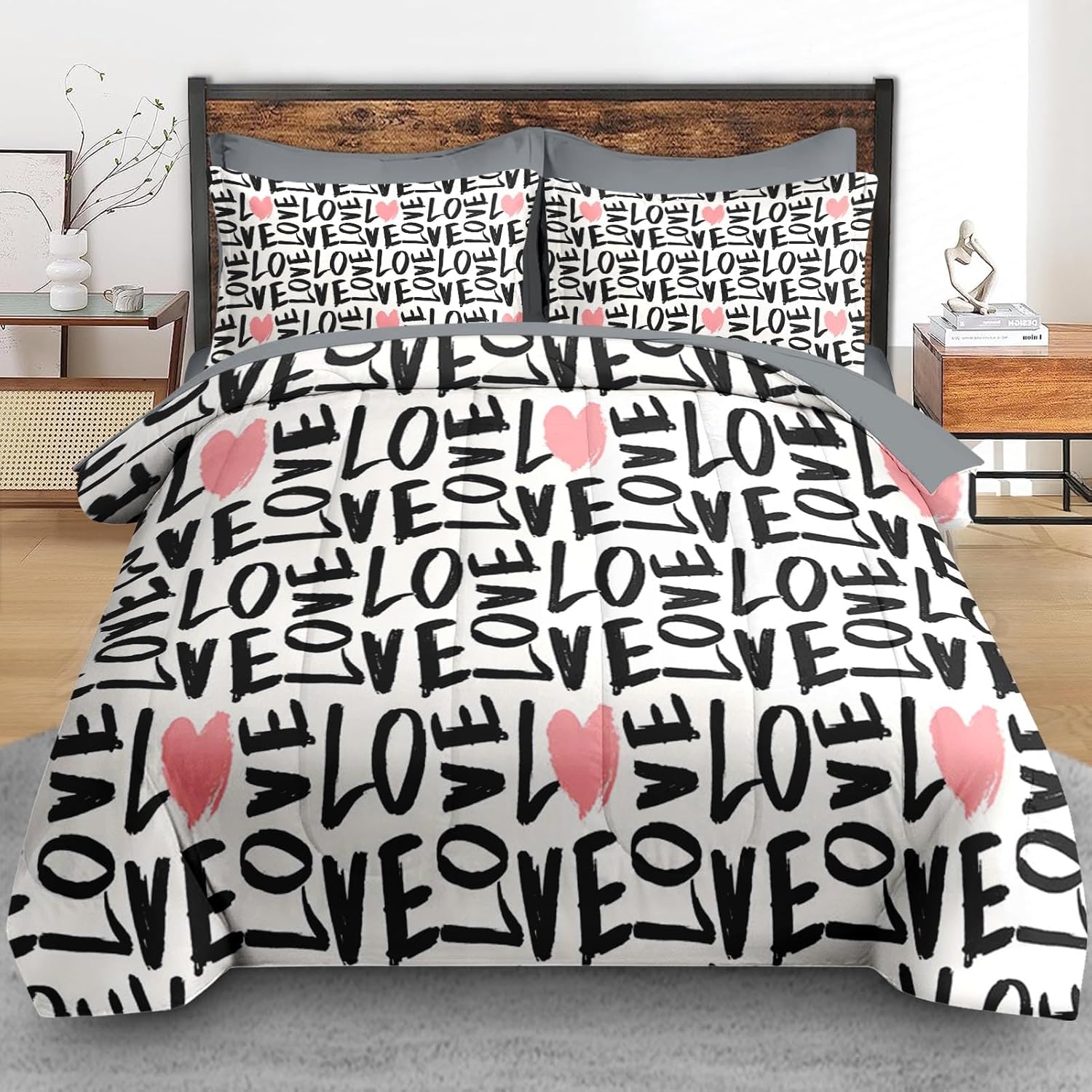 Comforter Set Queen Size, Love Heart 7 Pcs Bedding for Kids and Adults, Black and Pink Bedding Sets with Fitted Sheet 2 Pillowcases & 2 Shams for Bedroom Bed Decor - Image 3