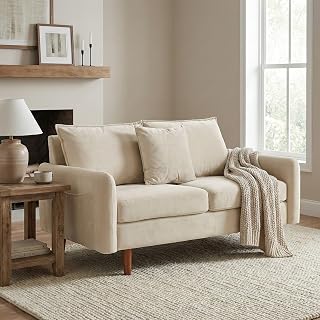 56.1" Round Arm Velvet Loveseat with Side Pockets and a Square Pillow (Beige) | Side Storage Pockets, Pillow Included