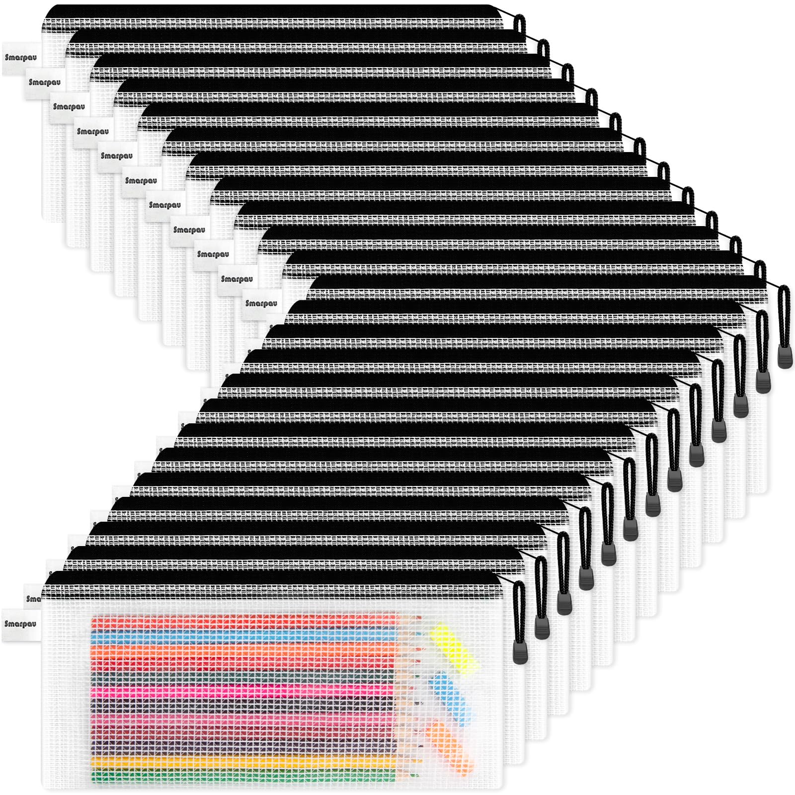 Smarpau Pencil Pouches 24 Pack, A6 Mesh Zipper Pouch Bags Clear Pencil Case