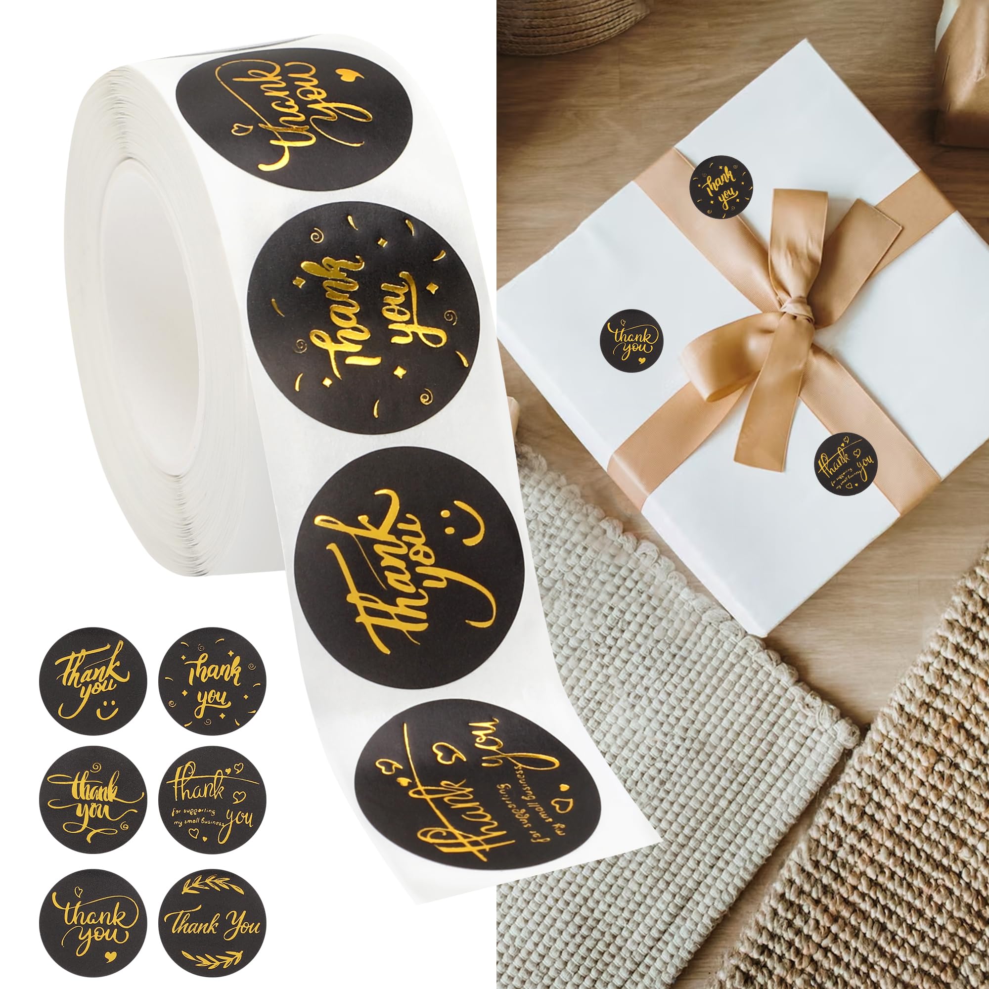 Fssqii 500Pcs Thank You Stickers Small Business 1'' Thank You Labels for Packaging Gold Black Gold 6 Designs Sealing Stickers for Box Tags Roll for