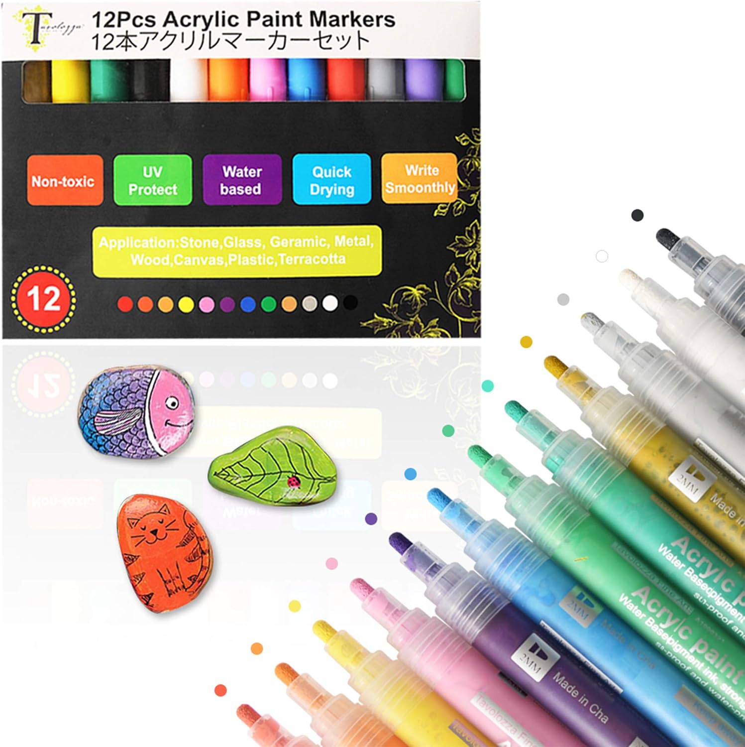 Tavolozza Acrylic Paint Pens, 12 Colors Paint Makers Water Based Quick Dry for DIY Craft,Rocks, Wood, Canvas, Mug, Glass, Plastic, Metal Project on Most Surfaces