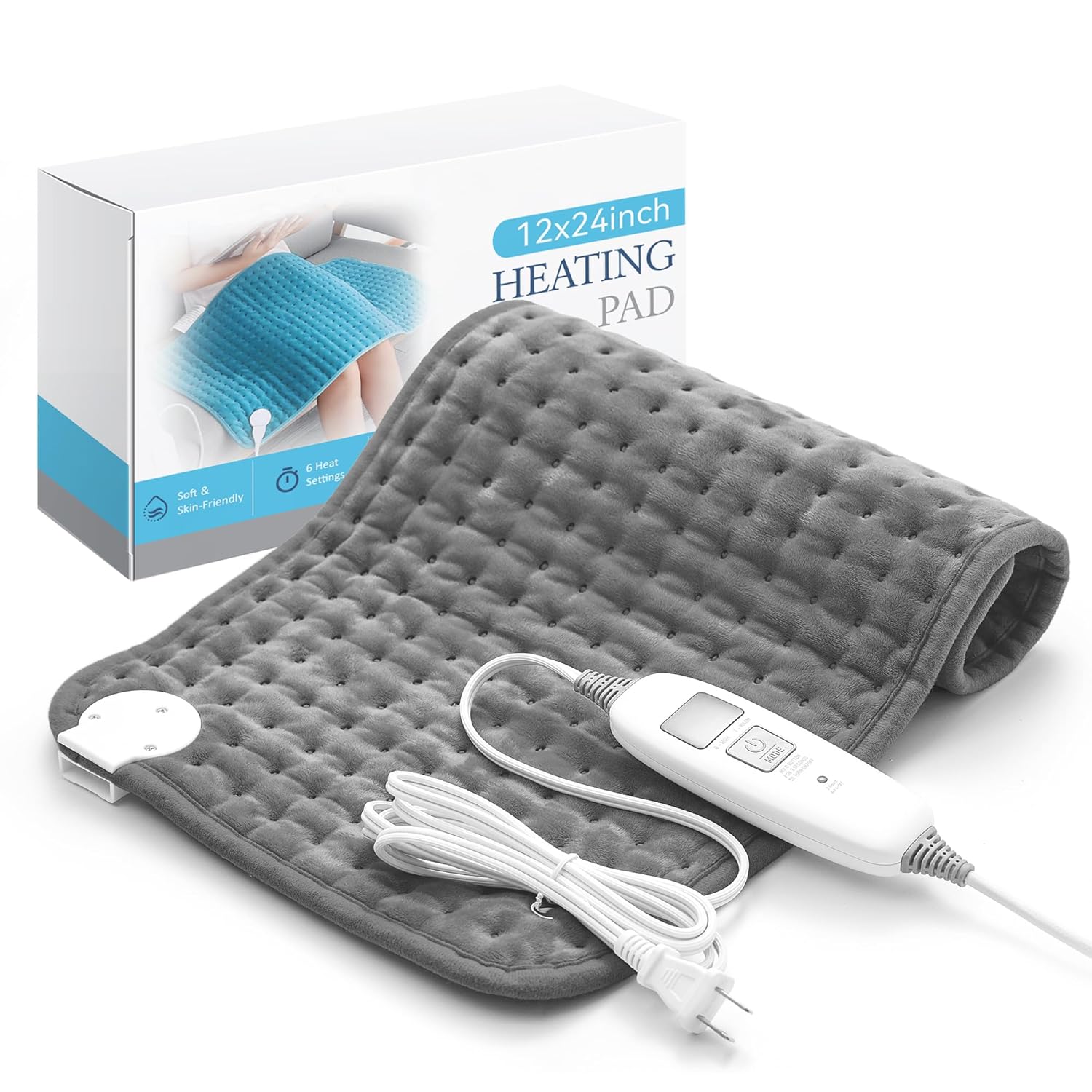 Electric Heating Pad for Back Pain Relief & Cramps – 6 Heat Settings,Auto Shut Off,Moist Heat Options,Portable Heated Pads for Neck/Shoulder Machine Washable Gift for Men Women,Grey,12″x24″