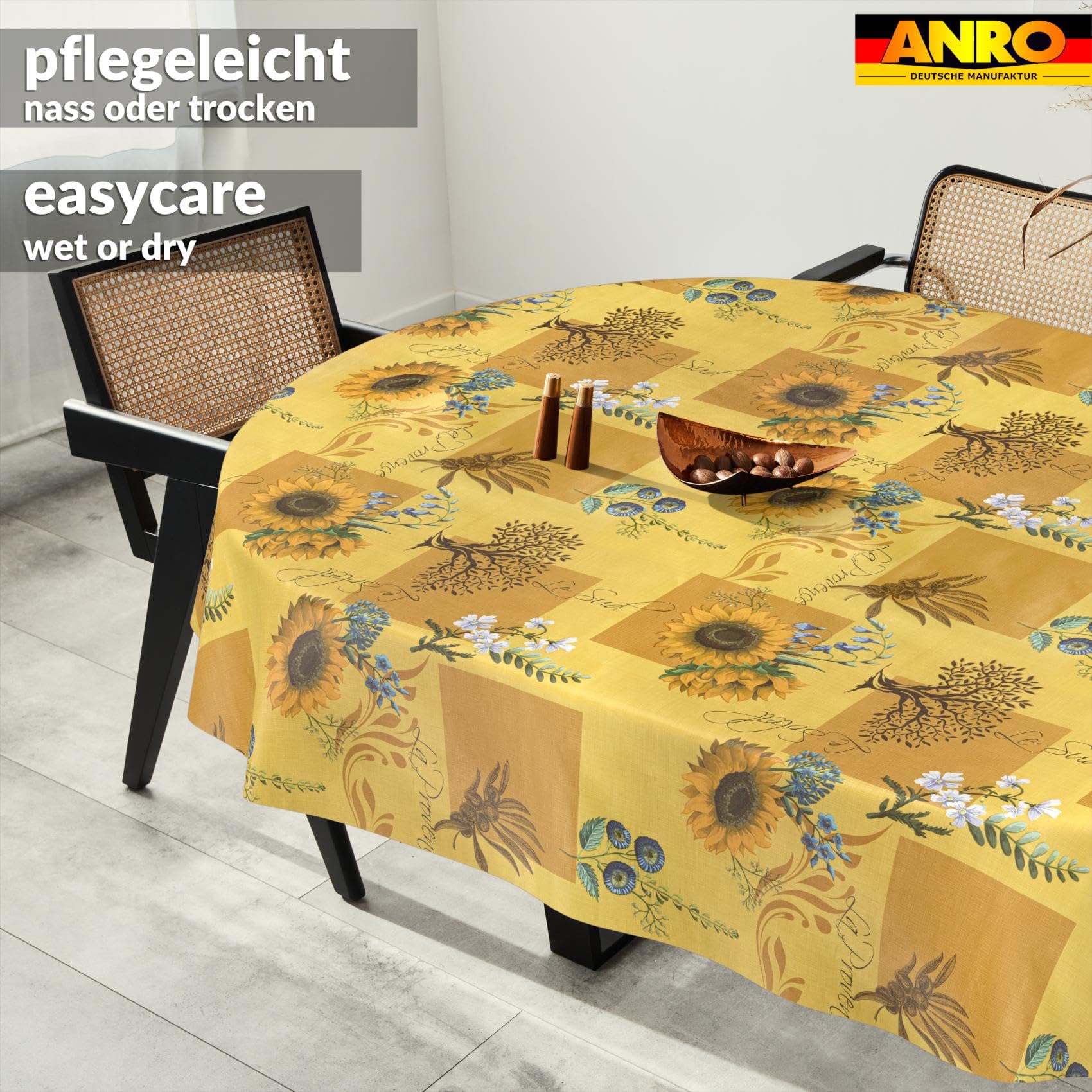 Wachstuchtischdecke Tischdecke abwaschbar Wachstischdecke pflegeleicht wasserabweisend Lotuseffekt Gartentischdecke Sonnenblume Oval 180 x 140 cm Schnittkante