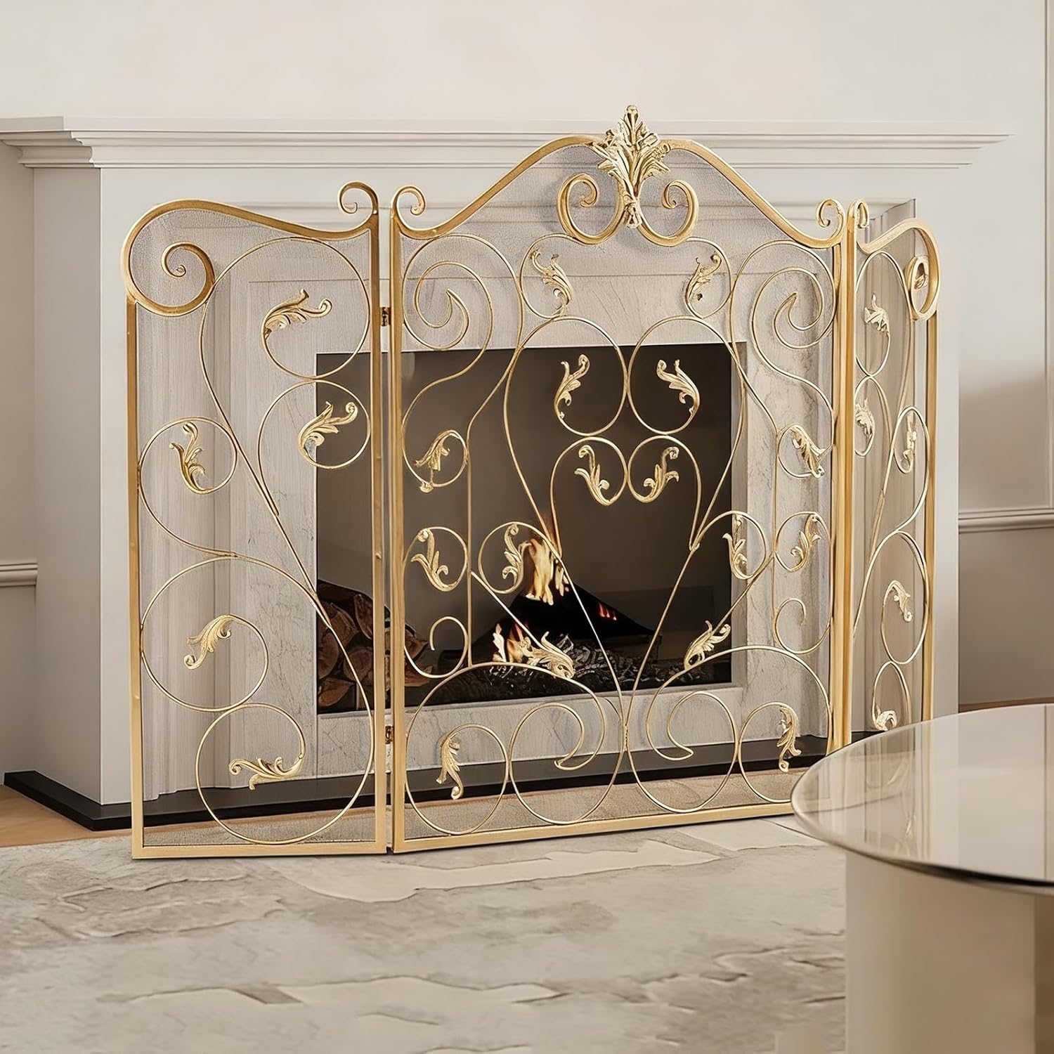 3-Panel Folding Fireplace Screens Stand Alone, Wrought Iron Spark Guard Cover, Metal Mesh Arched Fire Place Screen Protector Fence for Brick Wood