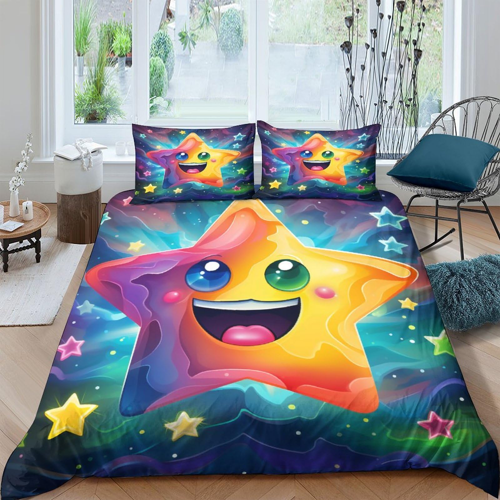 Juego de sábanas y funda nórdica 200x200 estrellas de microfibra para cama infantil doble 3 piezas