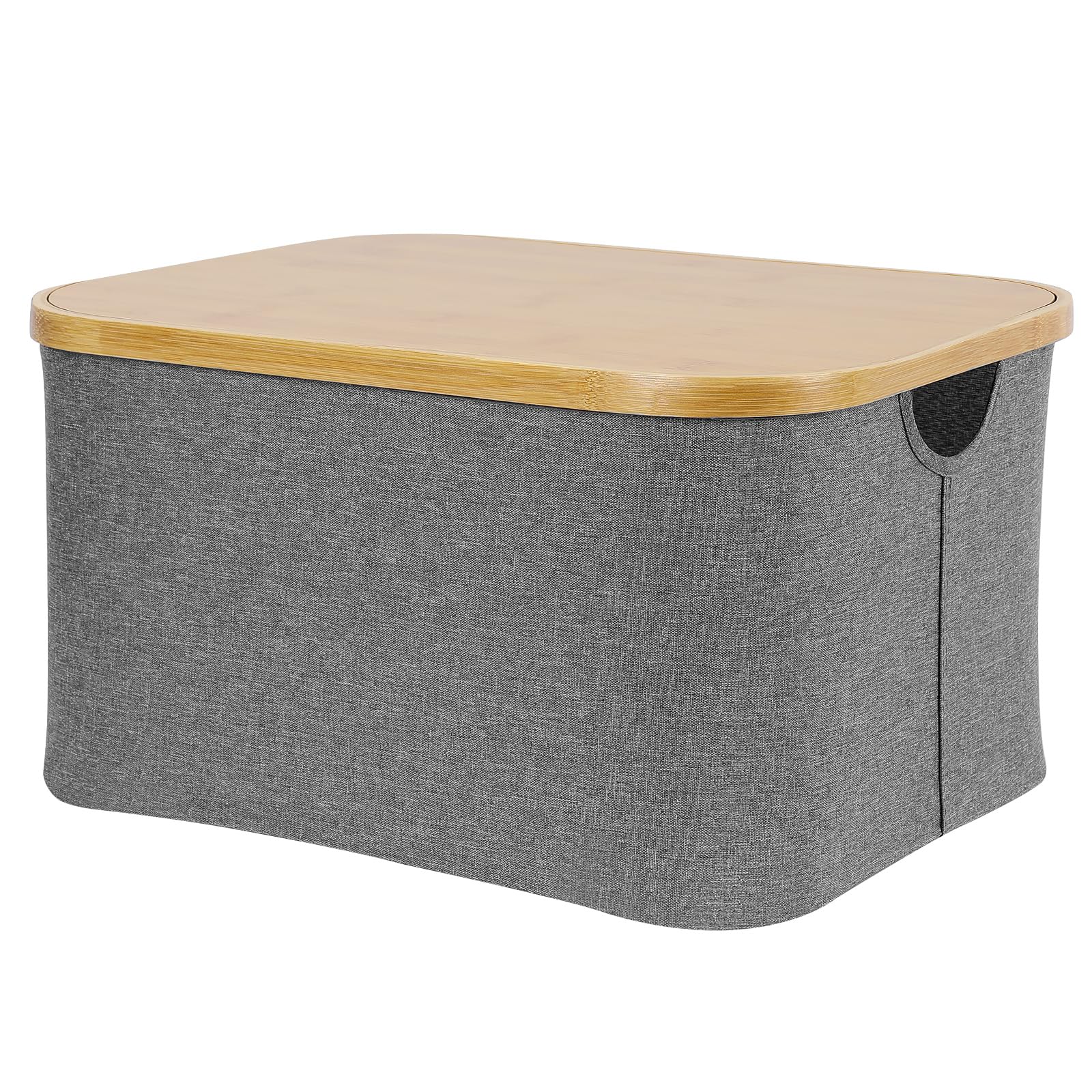 ANMINYFabric Storage Bin with Composite Wood Lid Handles Collapsible Basket Box Stackable Lidded Closet Cabinet Shelf Cube Foldable Decorative Clothes Toys Organizer Container - Gray, Large