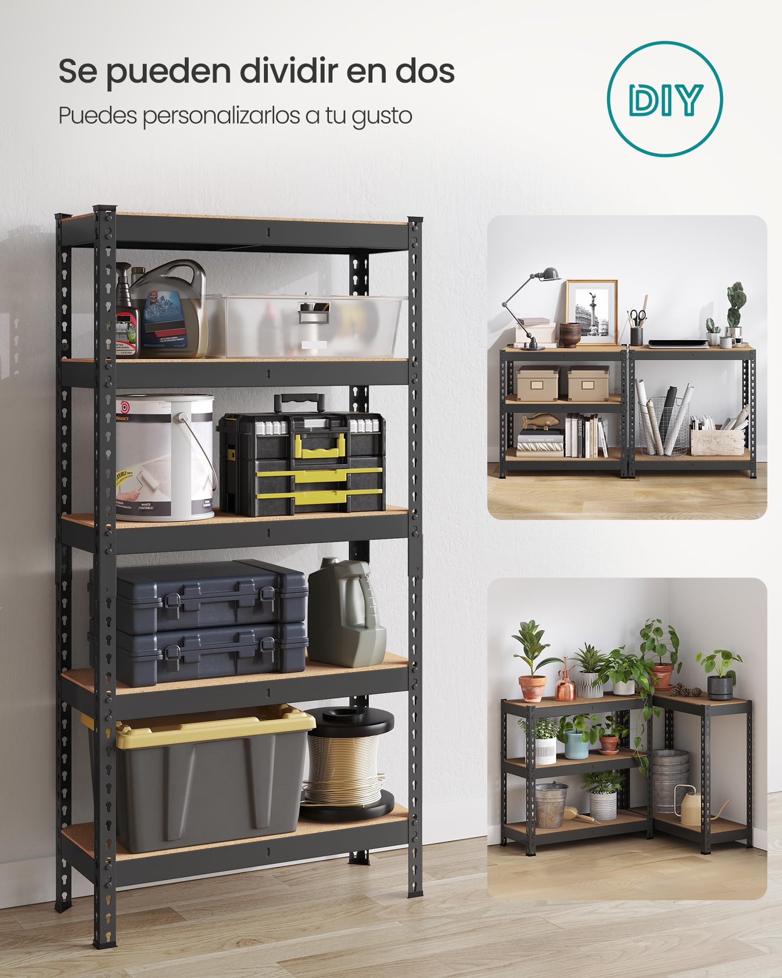 SONGMICS Estantería de 5 Niveles, Estantería de Almacenamiento, Montaje sin Tornillos, Estantes Ajustables, 30 x 75 x 150 cm, Carga de 875 kg, para Garaje, Cobertizo, Bodega, Negro GLR300B01