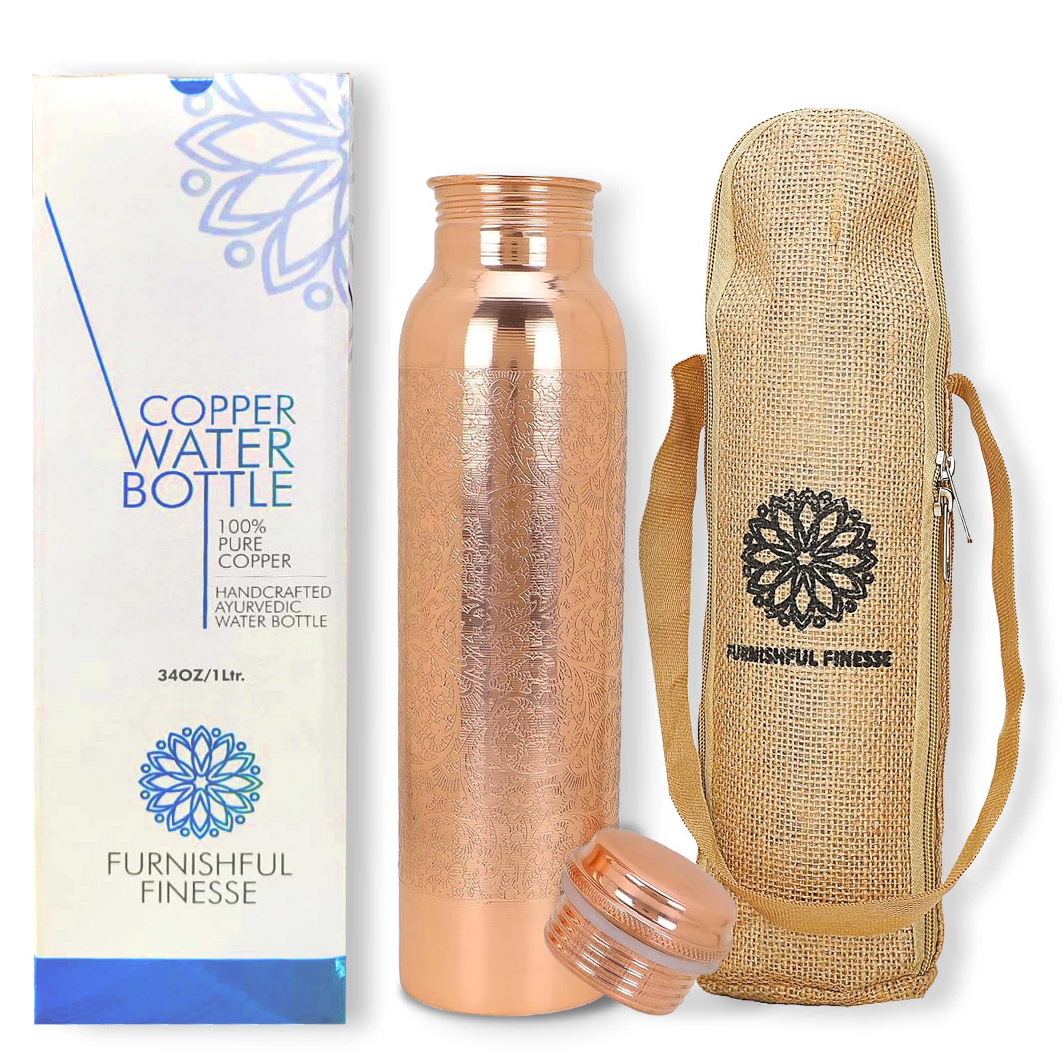 Copper Water Bottle For Drinking Pure Copper Bottle 1000 ml With Jute Carry Bag For Sports, Yoga for Gym,Office,Hiking - Pack of 1, Natural Finish