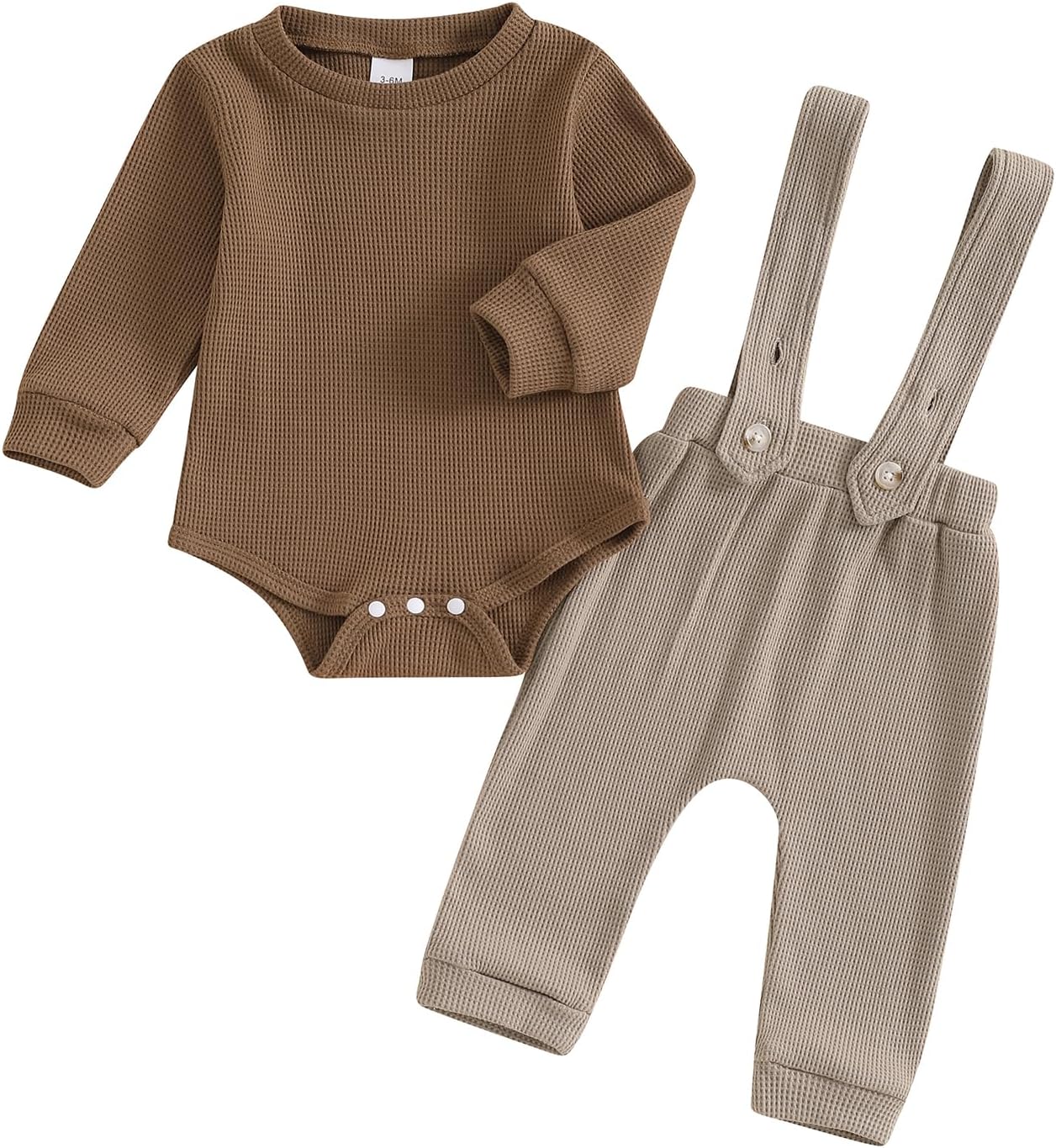 Sasaerucure Newborn Baby Boy Clothes Waffle Long Sleeve Romper Suspender Long Pants Solid Color Fall Winter Outfit