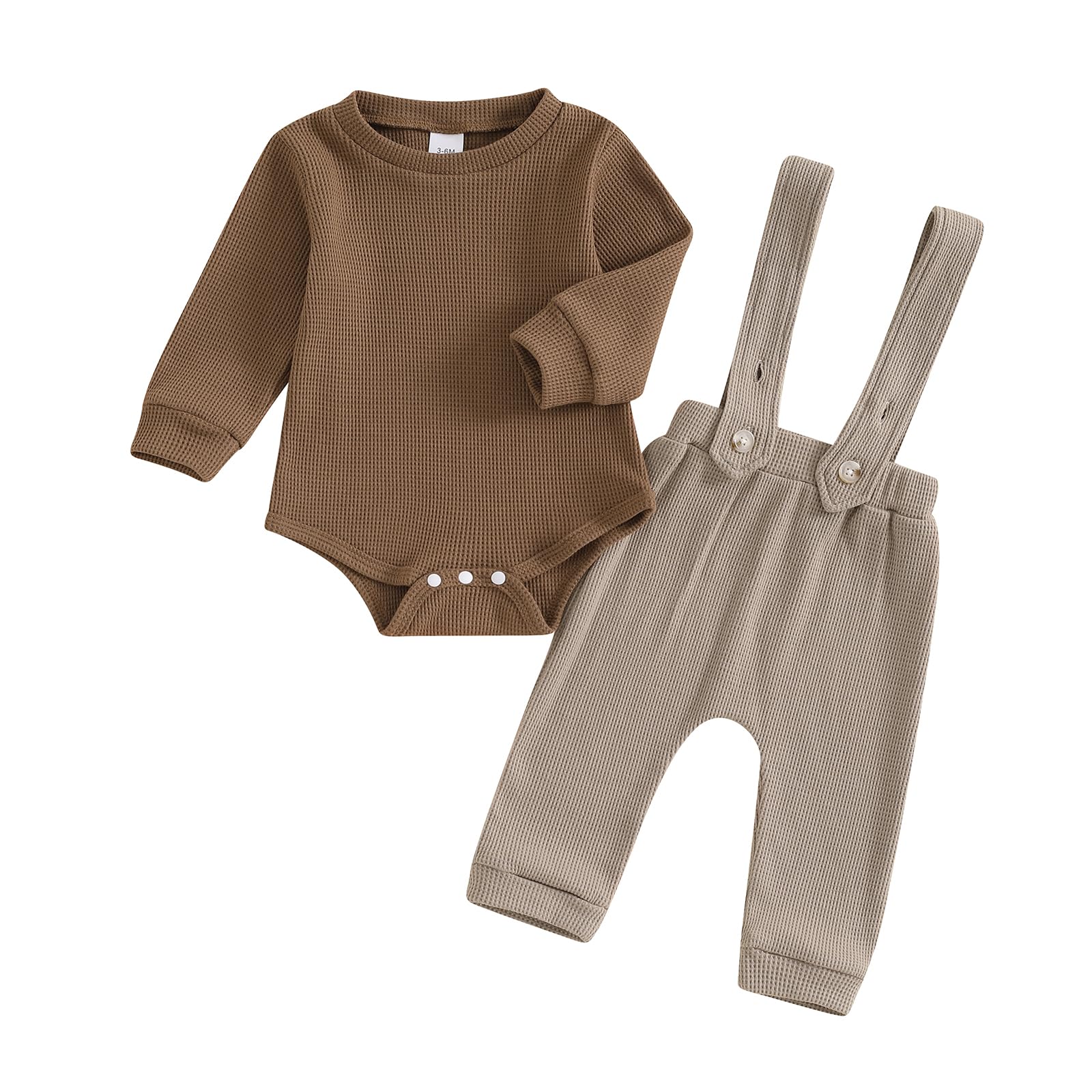 Sasaerucure Newborn Baby Boy Clothes Waffle Long Sleeve Romper Suspender Long Pants Solid Color Fall Winter Outfit