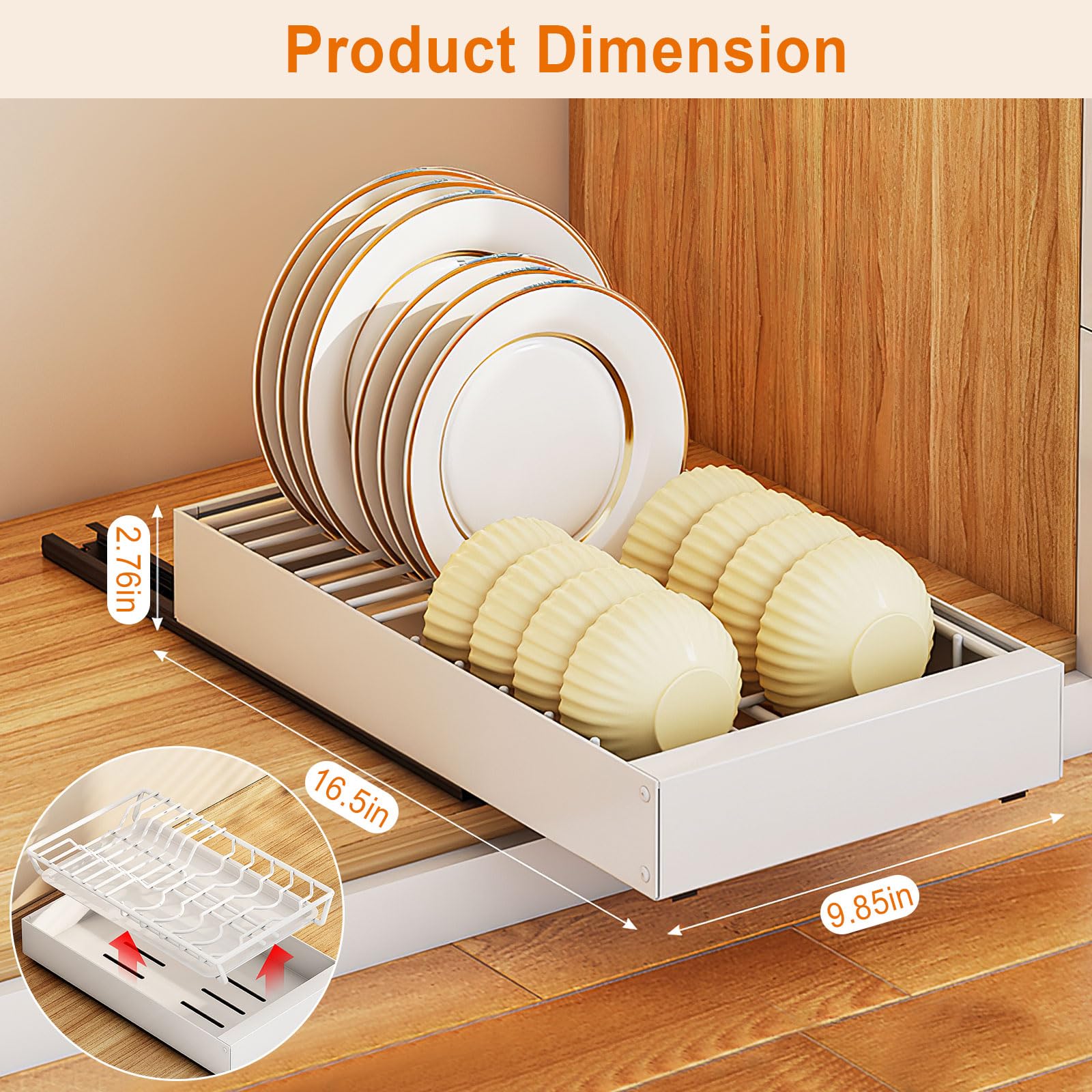 Slide Out Cabinet Organizer, Pull Out Drawer with Slide out Dish Drying Rack, Adhesive Pull out Organizer Shelves for Kitchen Cabinets, Under Sink Organizer Storage, White