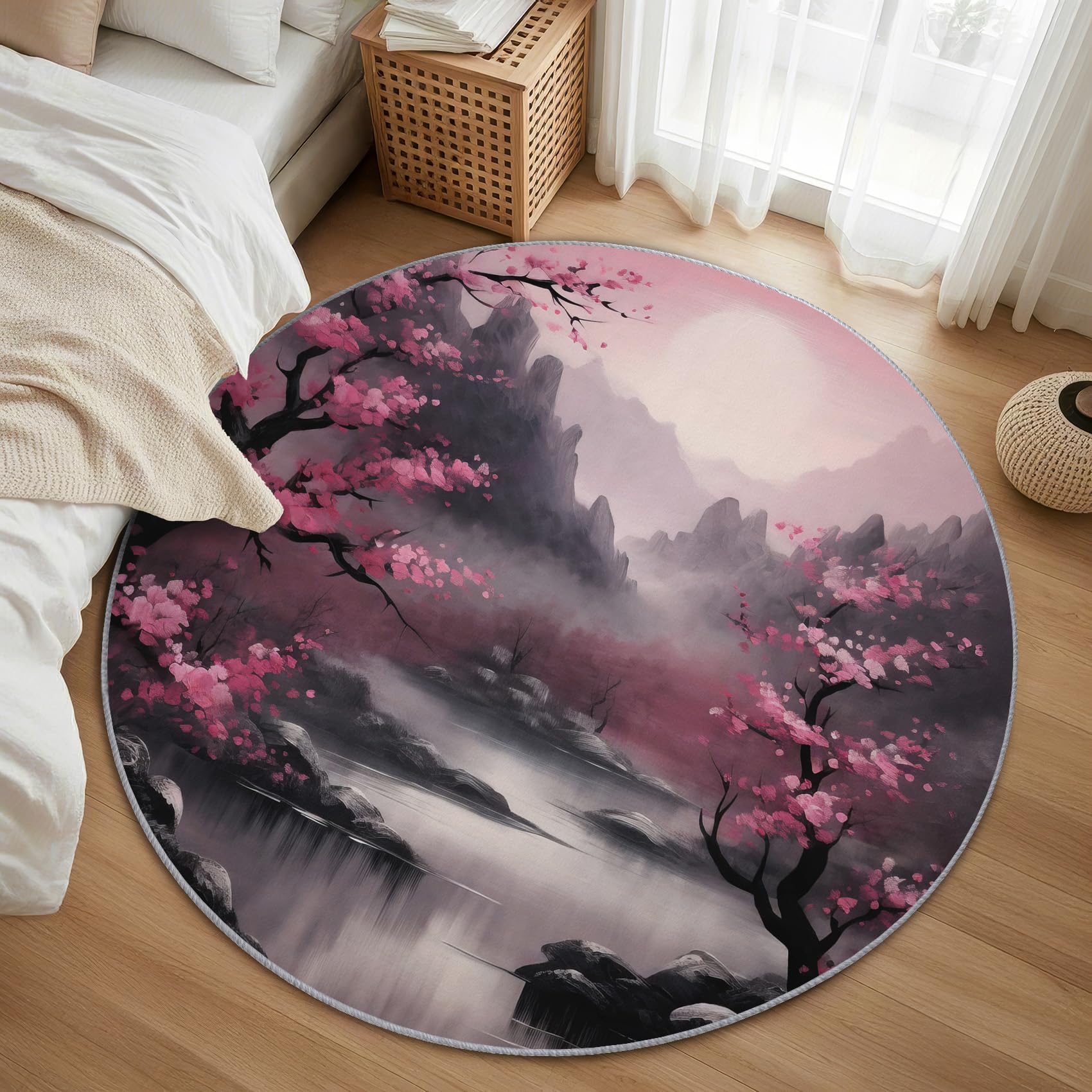 Japanische Kirschblüte Teppich Rund 120cm Kurzflor - Waschbare Teppiche Wohnzimmer Asiatische - Runder Teppich 120 Durchmesser Kinderzimmer - Bettvorleger Schlafzimmer rutschfest Weich