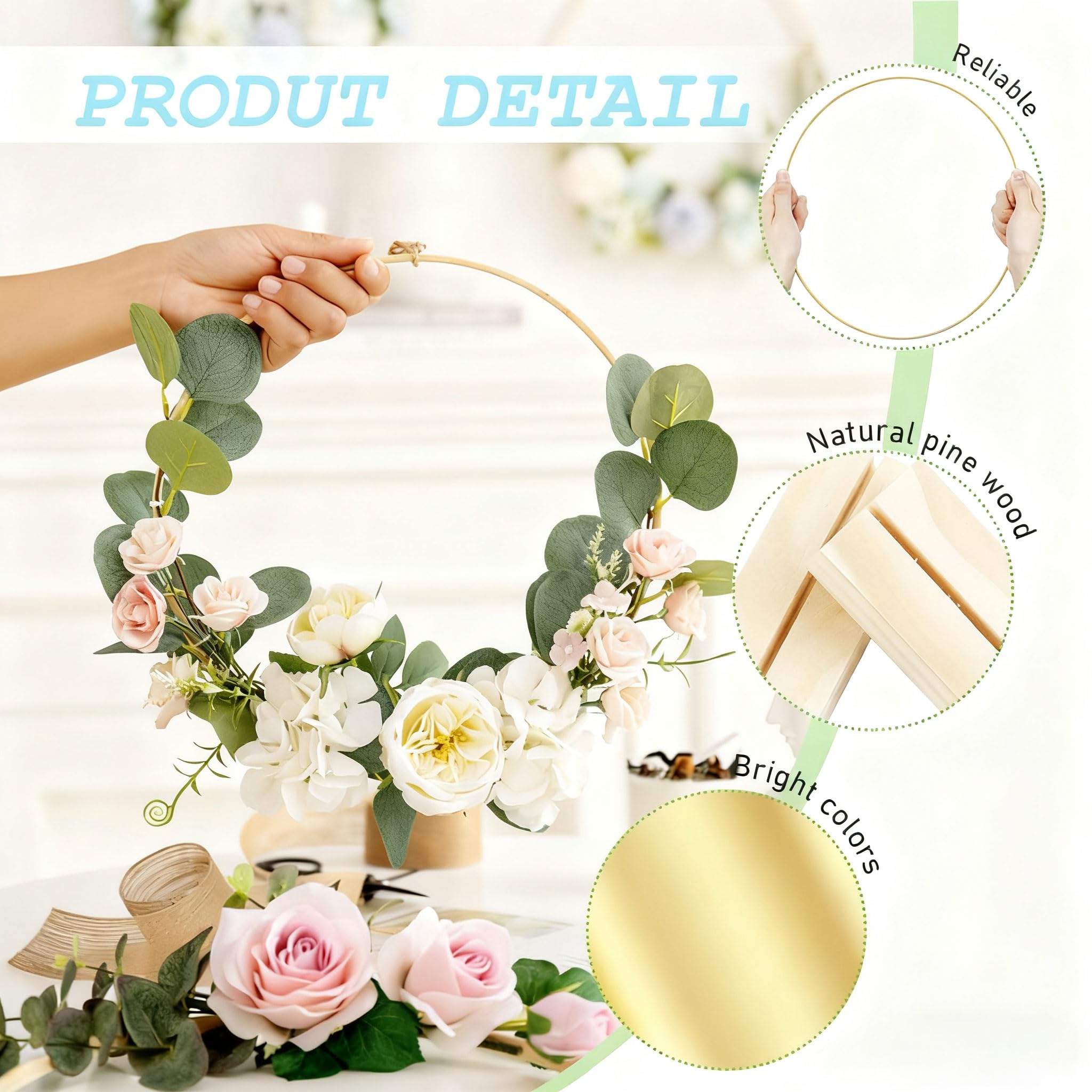 Set di 6 centrotavola con Cerchi Dorati e Supporti in Legno, Anelli Floreali in Metallo per Decorazioni di Matrimoni e tavoli, macramè, ghirlande e Decorazioni murali (Dimensioni: