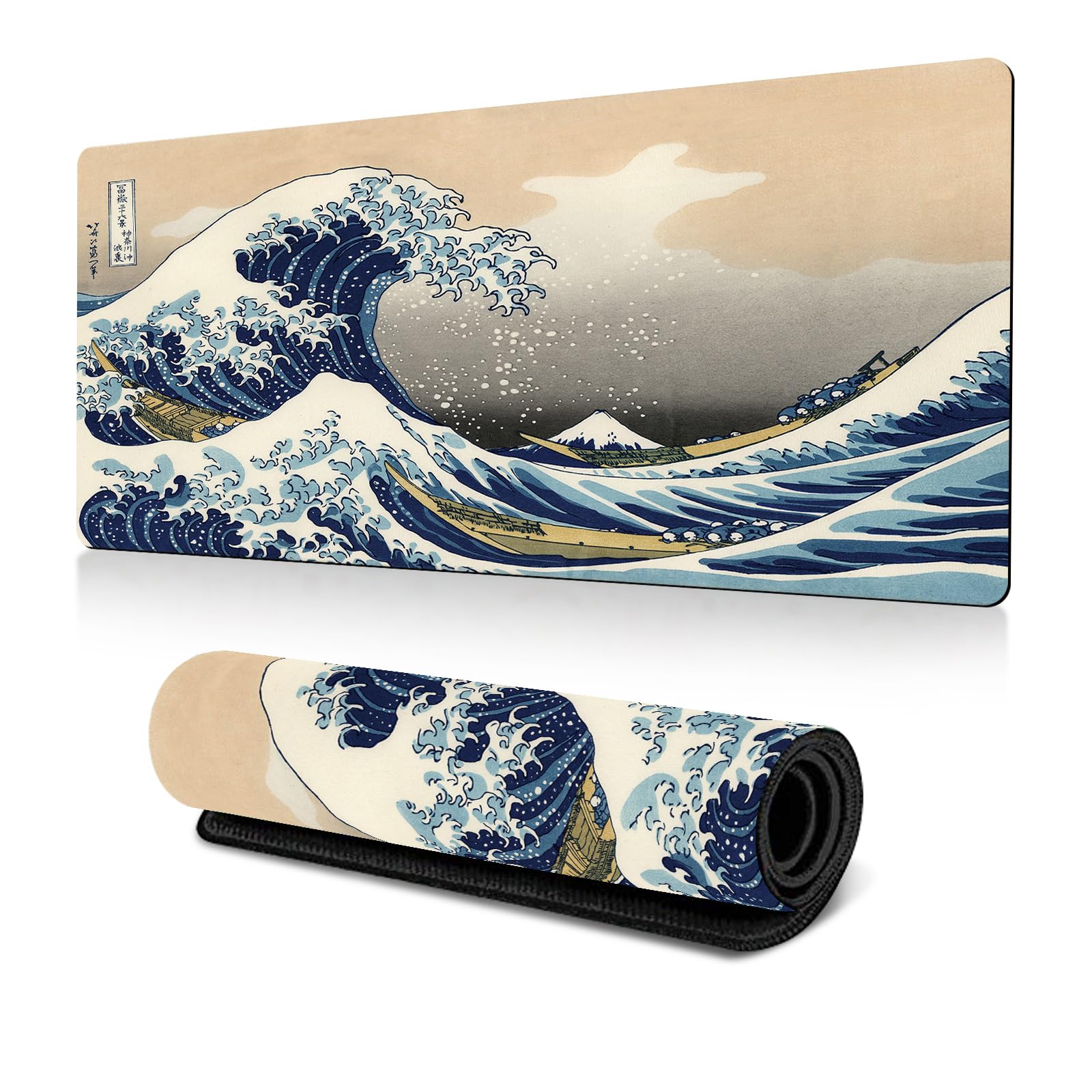Japanese Sea Wave Large Mouse Pad Gaming Mouse Pad 80cm X 30cm Non Slip Rubber Base Stitched Edge Big Extended Desk Protector for Home Office (25)