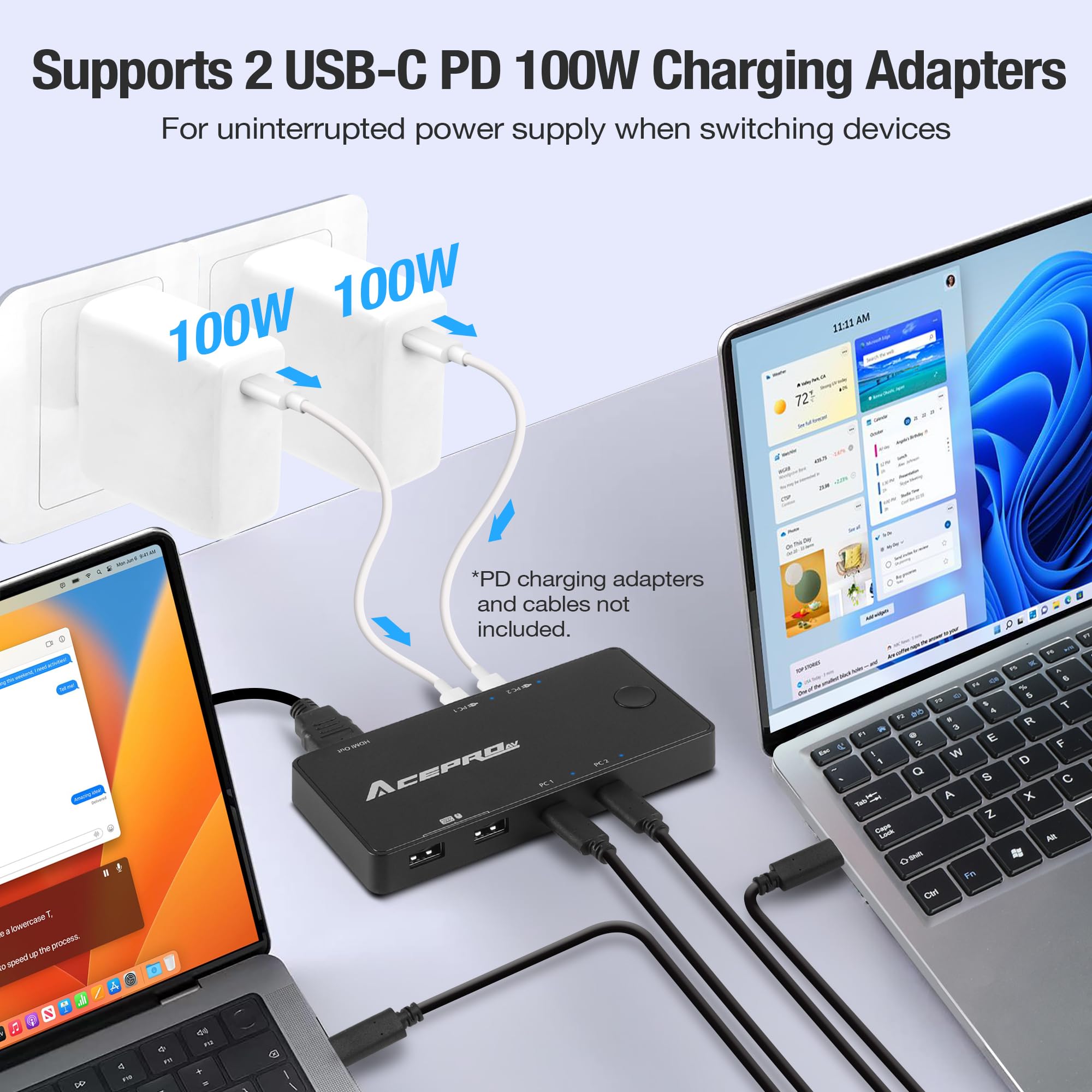 AceProAV 2x1 USB-C 4K60Hz KVM Switch with PD Pass-Through - Selector for 2 Computers Sharing 4K Monitor Keyboard Mouse - Includes 2 USB-C Cables for PD 100W Fast Charging - TAA Compliant