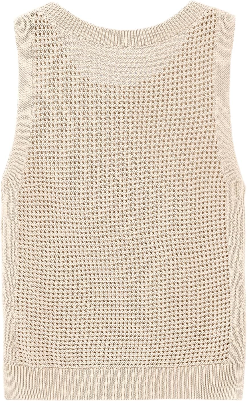 Womens Knit Sweater Vest Summer Tank Tops Round Neck Crochet Hollow Out Sleeveless Crop Top - Image 3