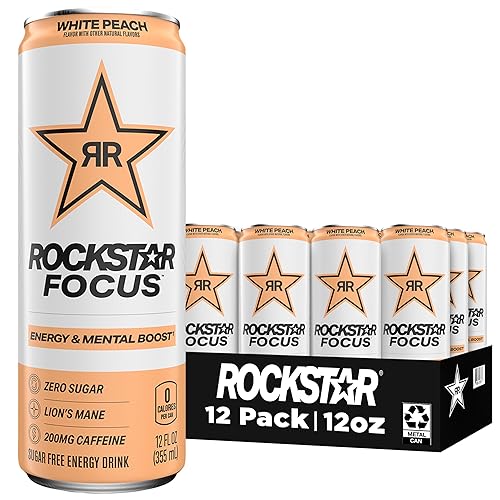 Miniatura 1 de Rockstar Focus Energy Drink, melocotón blanco, melena de león, cero azúcar, cero calorías, latas de 12 onzas, (paquete de 12), 200 mg de cafeína,