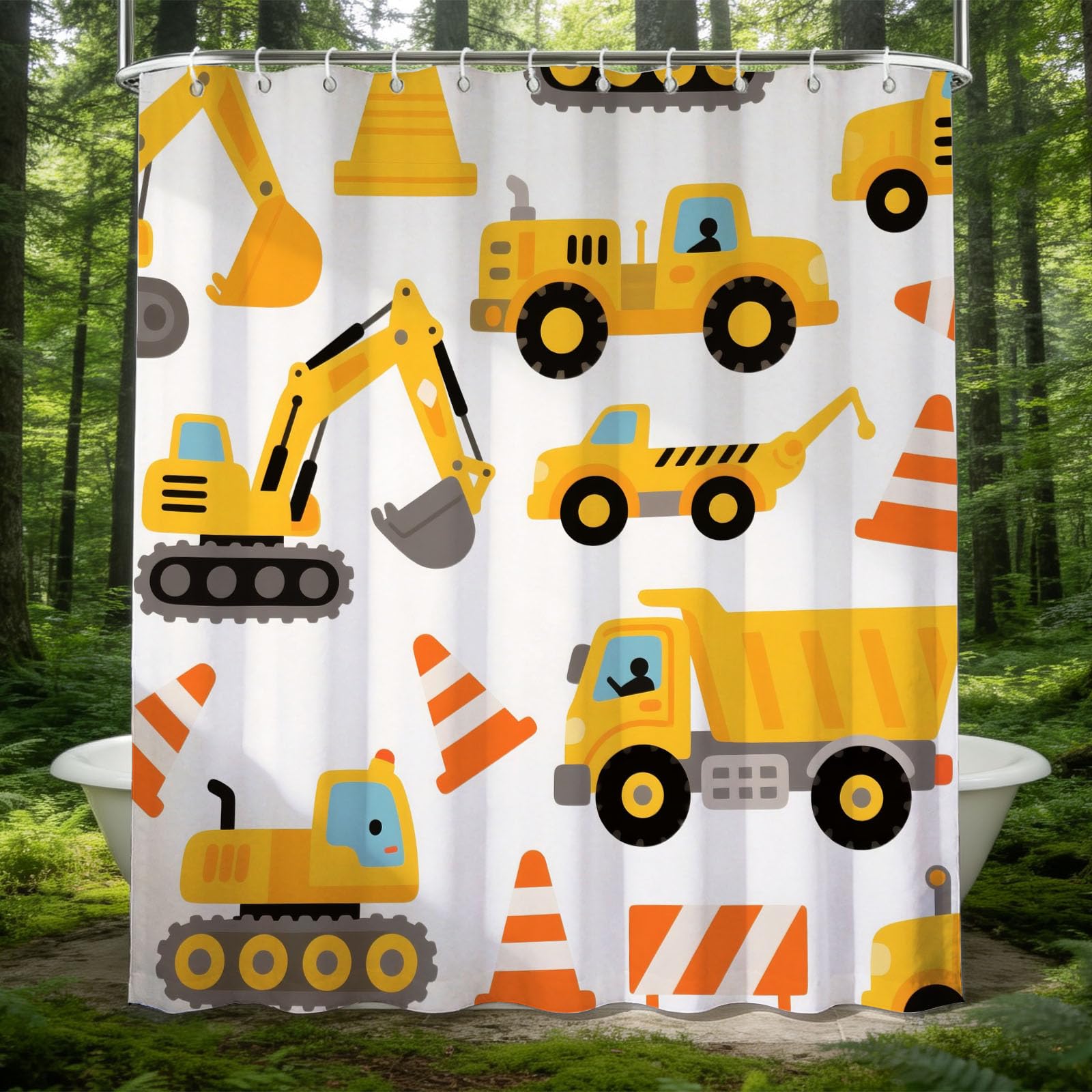 Hongduo 3D Cartoon Construction Vehicle Shower Curtain for Stalls Bathtubs Dump Truck Bathroom Decor Shower Curtain Set Polyester Fabric Waterproof 180x180cm/71X71 Inch with Hooks