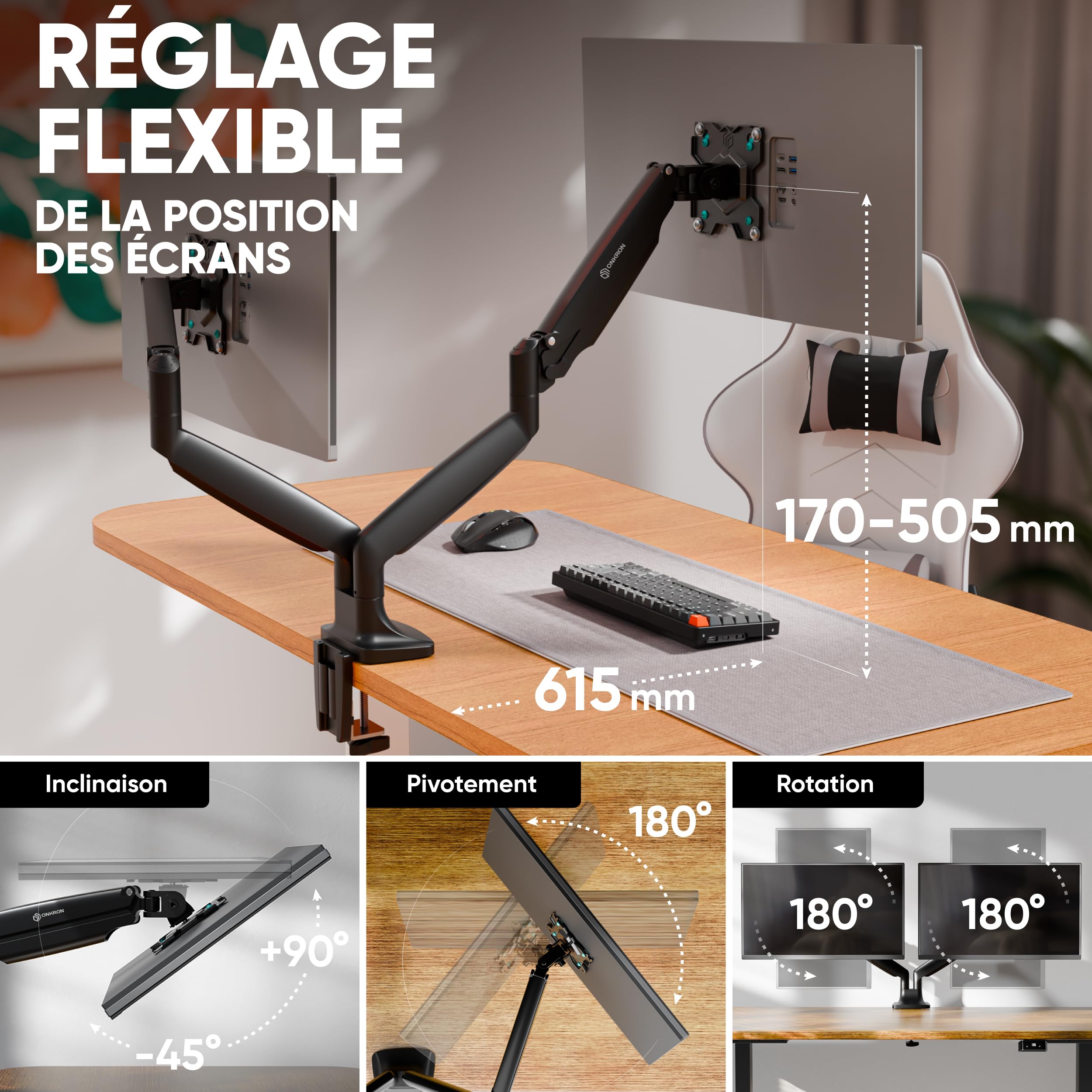 ONKRON Support Écran PC Double Bras Articulé 13-32 Pouces VESA 75x75 100x100 Ressort à Gaz 9 kg Noir G200-B