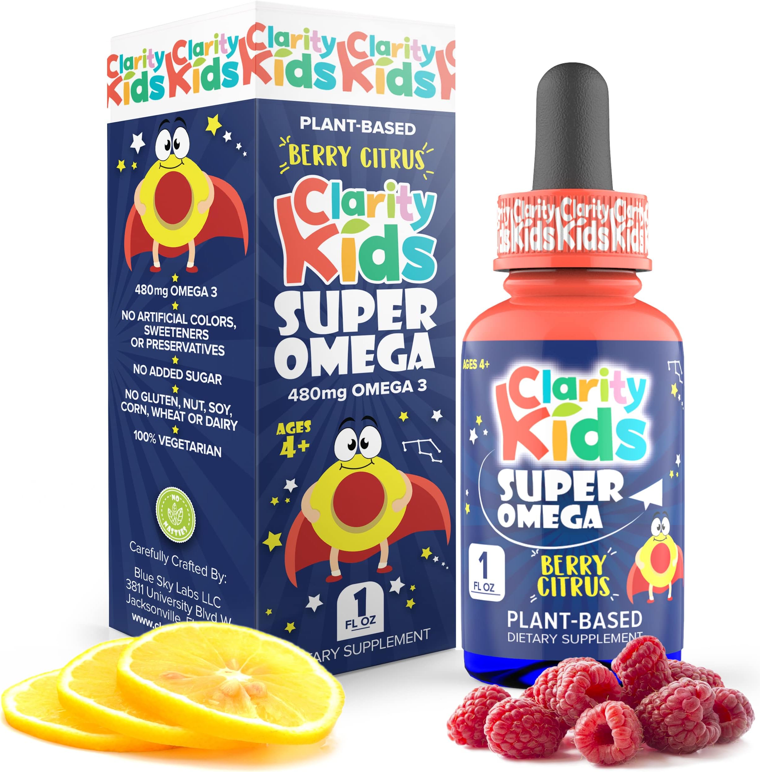 Clarity Kids Super Omega with DHA + EPA Omega 3 for Better Focus & Quality Sleep Algae Oil Omega 3 Liquid (1 mL per Serving) All Natural DHA Drops for Children USA Made Supplement (1 fl oz)