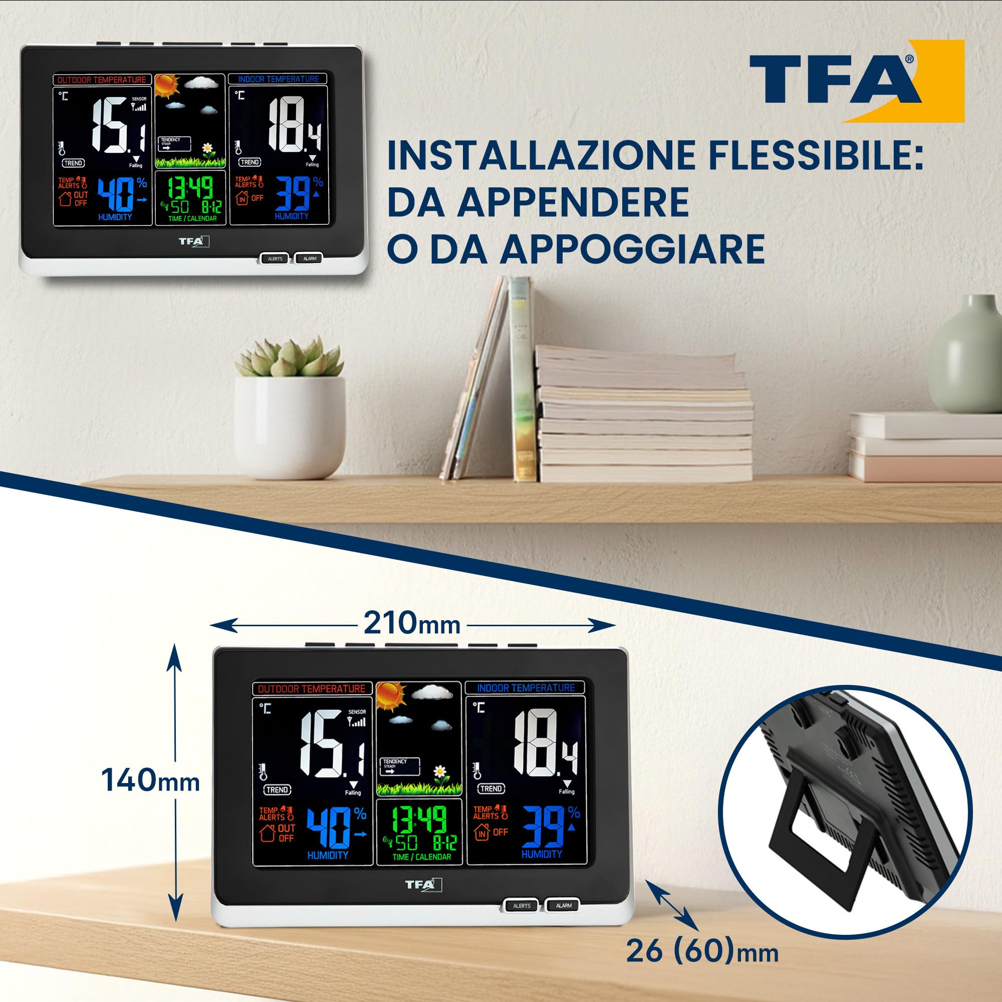 TFA Dostmann stazione meteo con sensore esterno, wireless Spring, 35.1129.01, temperatura e umidità, previsioni del tempo, allarme temperatura, nero