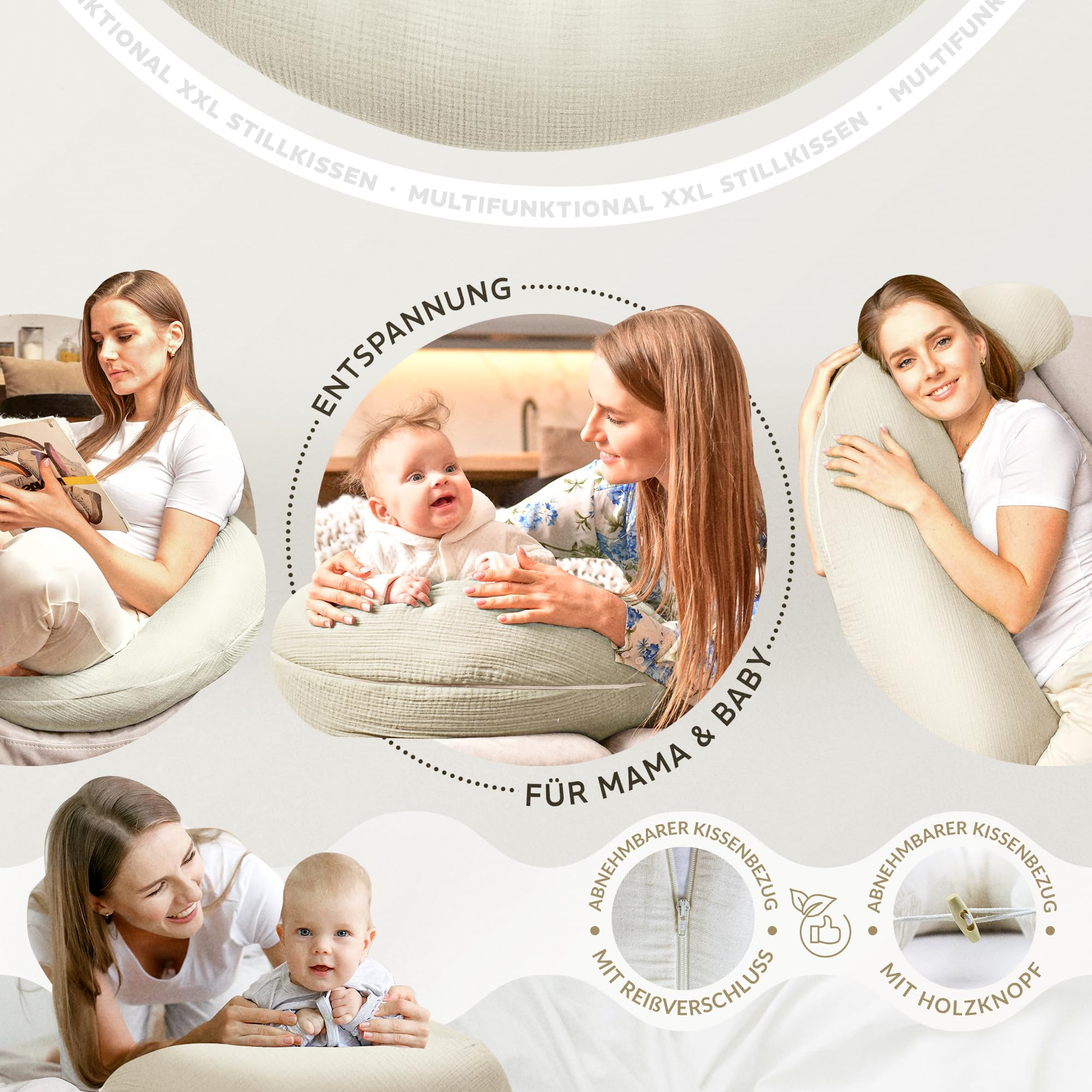 Sei Design Coussin de Grossesse XXL 190x30 avec Housse en Mousseline Ergonomique – Coussin de Maternité, Coussin d'allaitement Confort pour Femme Enceinte, 100% Coton Bio