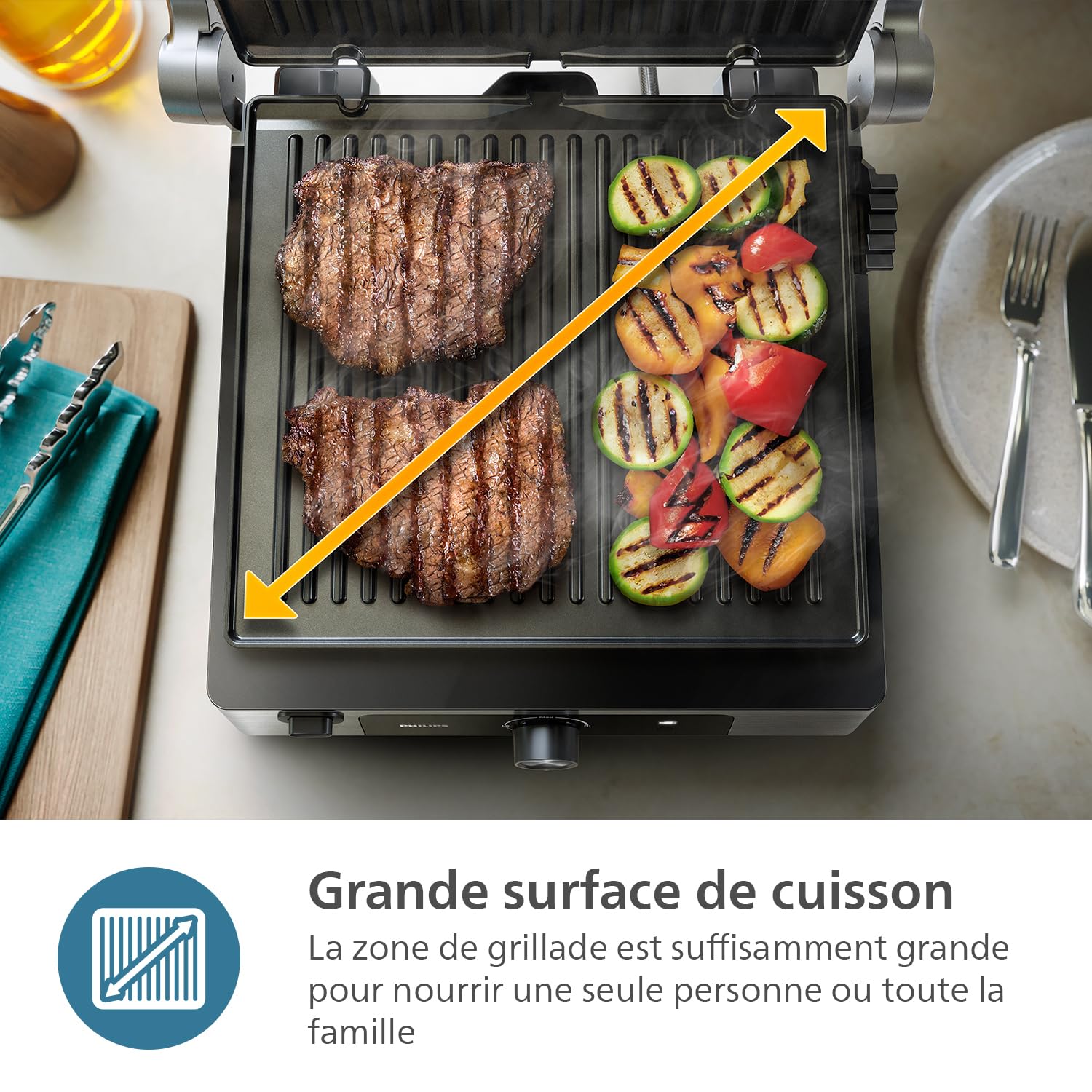 Philips Contact Grill - Température réglable. Grande surface de cuisson et Puissance élevée. Plaques Antiadhésives Amovibles et bac récolteur de graisses. (HD6301/90)