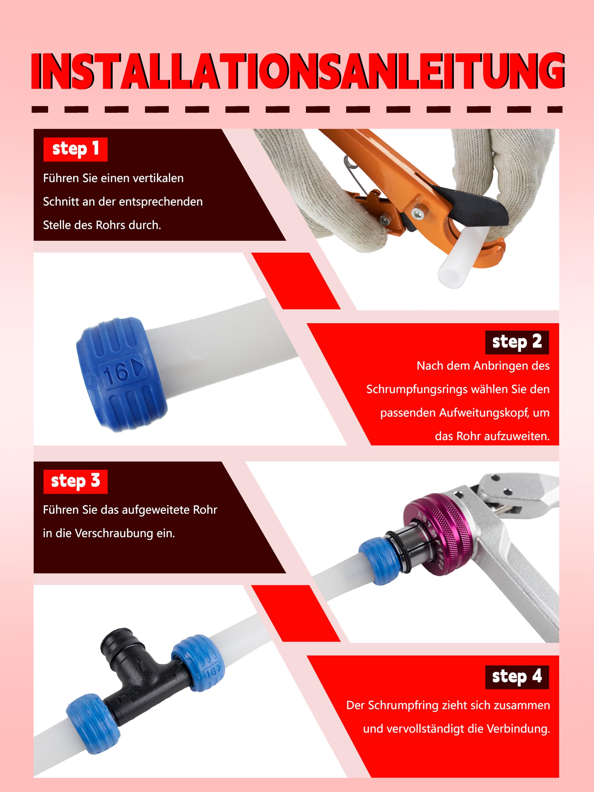 AMZCNC AMZ-F1960 - Set di attrezzi per espansione PEX, 16 mm, 20 mm, 25 mm, 32 mm, testa di espansione, per tubi in PEX (16 mm, 20 mm, 25 mm, 32 mm), AMZ-F1960