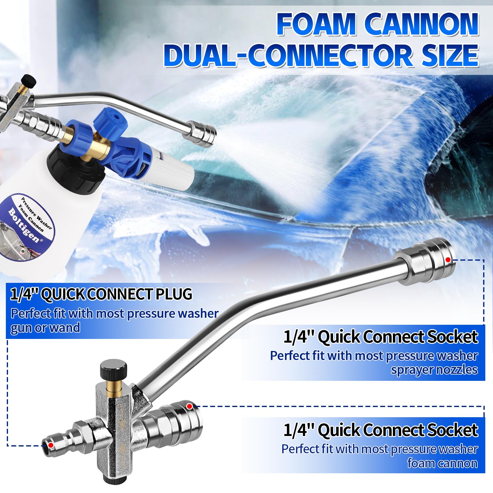 Cañón de espuma para lavadora a presión con herramienta de doble conector, pulverizador de espuma para lavado a presión con M22-14 y conexión rápida de 1/4 pulgadas, dispensador de jabón ajustable, 1