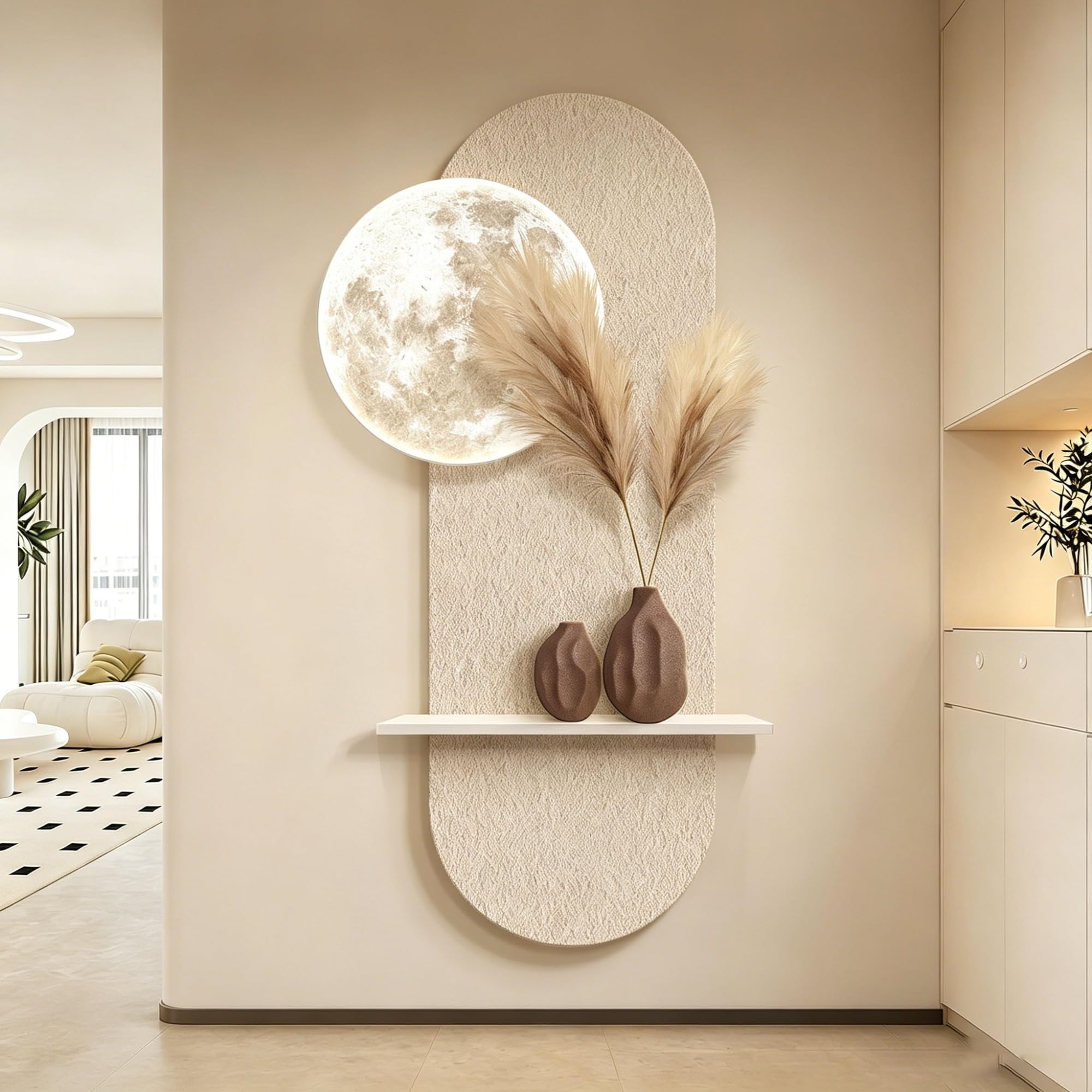 Sandstone Wall Art Painting with LED, 3D Relief Textured wall Sculptures Vertical for Living Room Entryway Hallway Decor, Plug in Lighted Modern Art with Display Shelf(120*60cm/47.2*24in)