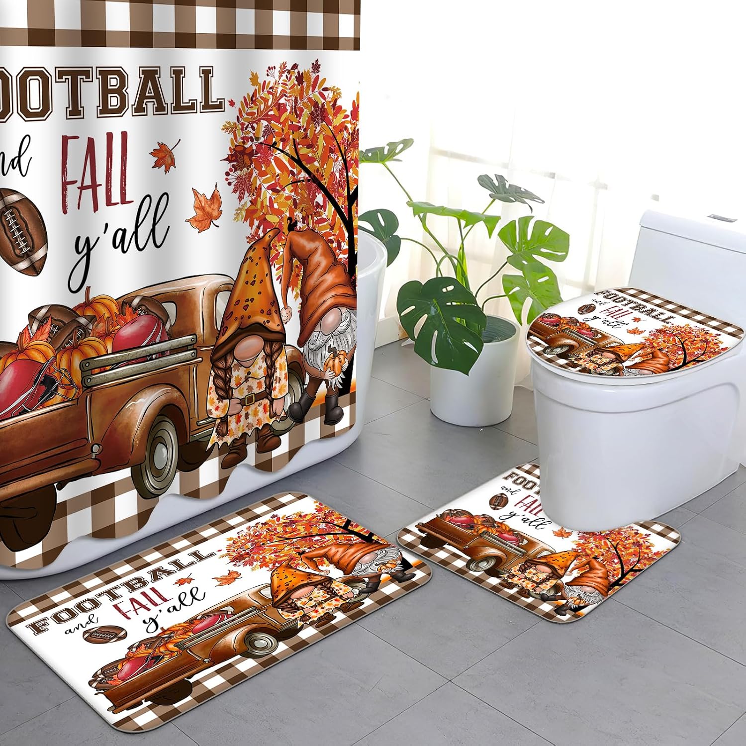 APROPHIC Fall Pumpkin Bathroom Sets with Shower Curtain and Rugs Football Gnomes Shower Curtain Sets with Bath Rugs Maple Leaf Gnomes Shower Curtains for Bathroom Decor