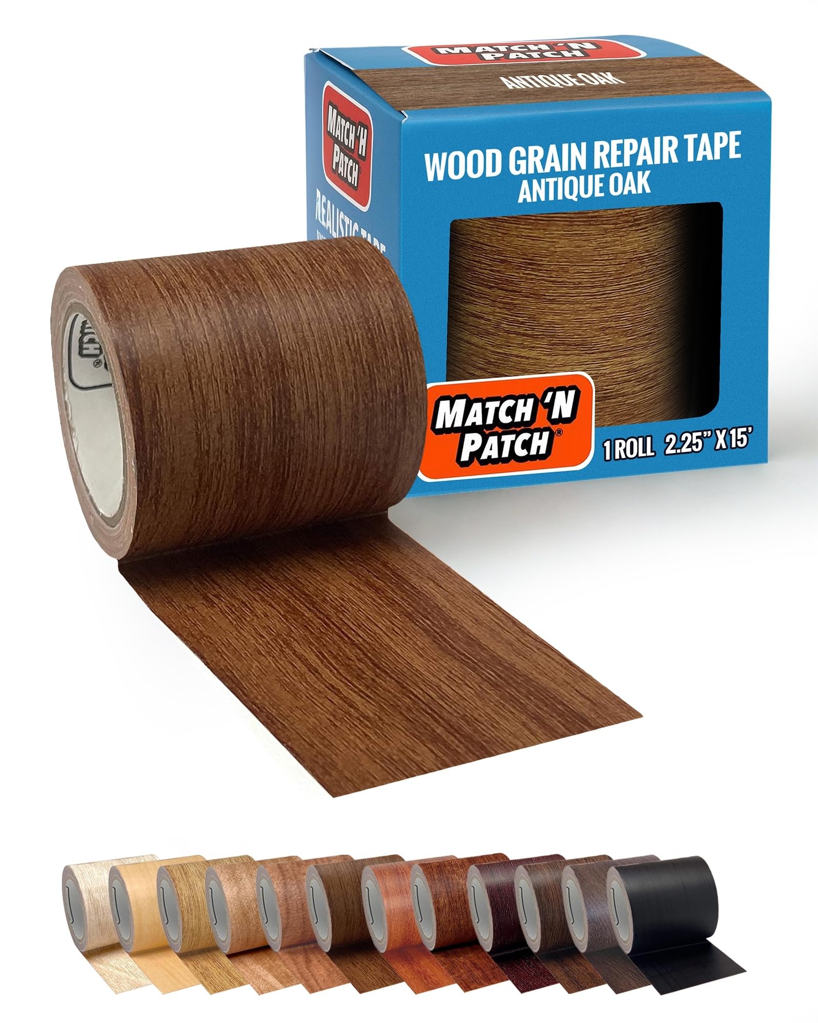 MATCH 'N PATCH Wood Grain Repair Tape - Antique Oak, 2.25 in x 15 ft (1-Pack) – Wood Grain Colored Duct Tape for Mirror Frame, Trim, Borders, Floor and Other Furniture, Scratch Repair Kit