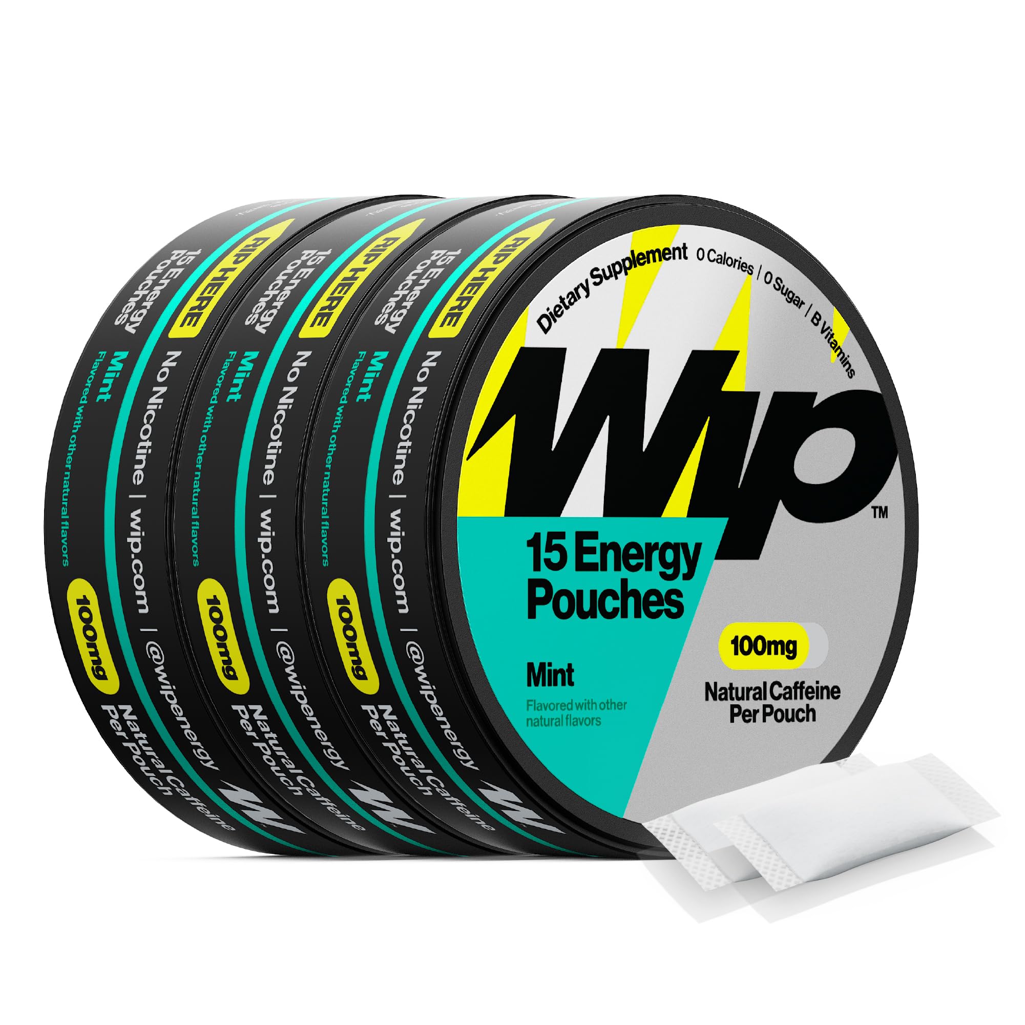 Wip Energy Pouches | 100mg Natural Caffeine | Vitamins and Minerals | Mint | 15 Pouches Per Can | 3 Cans