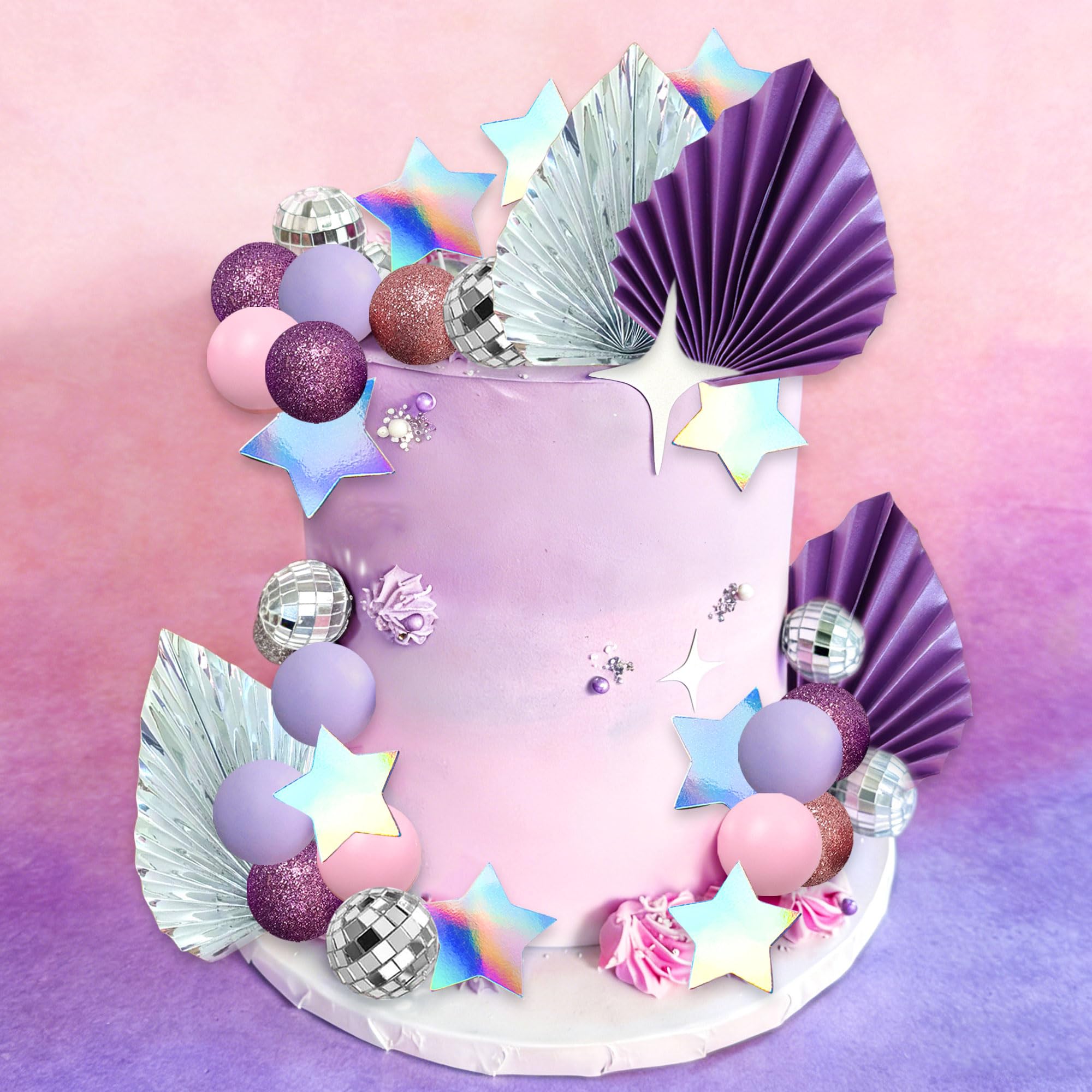 Disco Balls Cake Toppers Glitter Ball Cake Decorations Singer Stars Purple Butterfly Balls Cake Supplies for Birthday Party Decoration