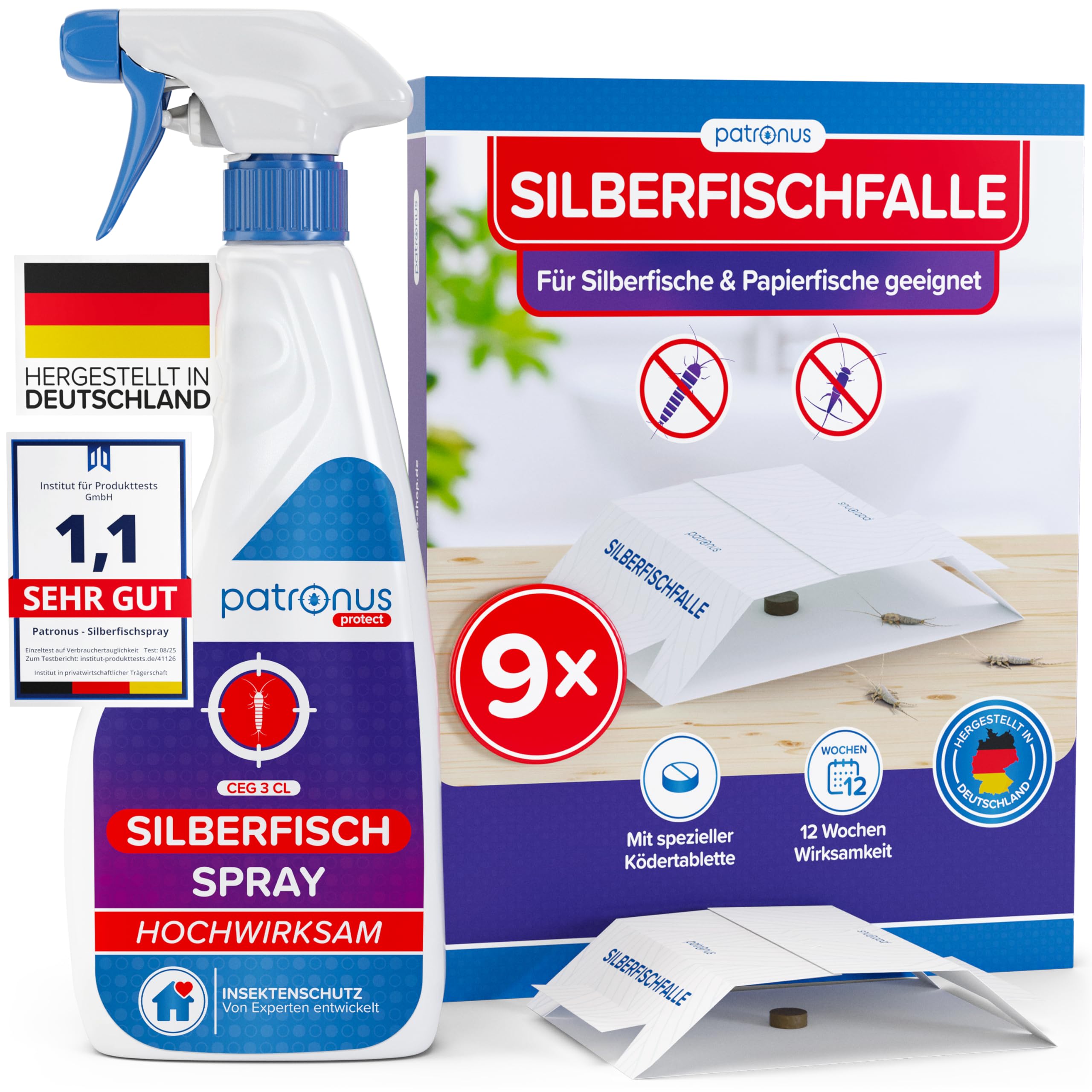 Patronus Silberfisch Set: Spray 500ml & Klebefallen 9x - Mittel gegen Silberfische & Papierfische - Silberfisch Falle & Spray zur Bekämpfung