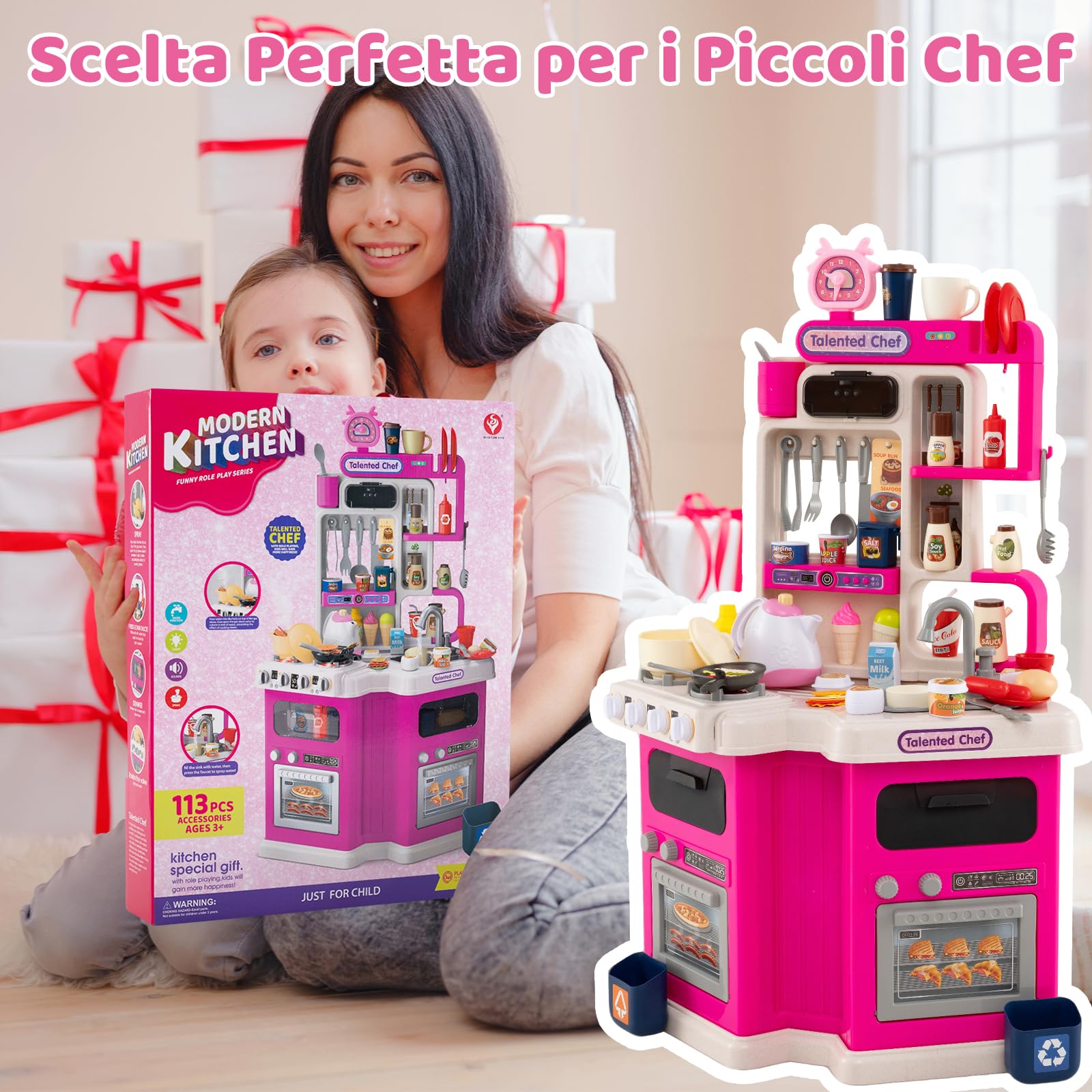 RELAX4LIFE Cucina Giocattolo per Bambini, Effetti Sonori e Luminosi, Cucina in Legno con Sistema di Circolazione dell'Acqua, Frigorifero, Forno e Cestino, Set Cucina Giochi per 3+ Anni (Rosa)