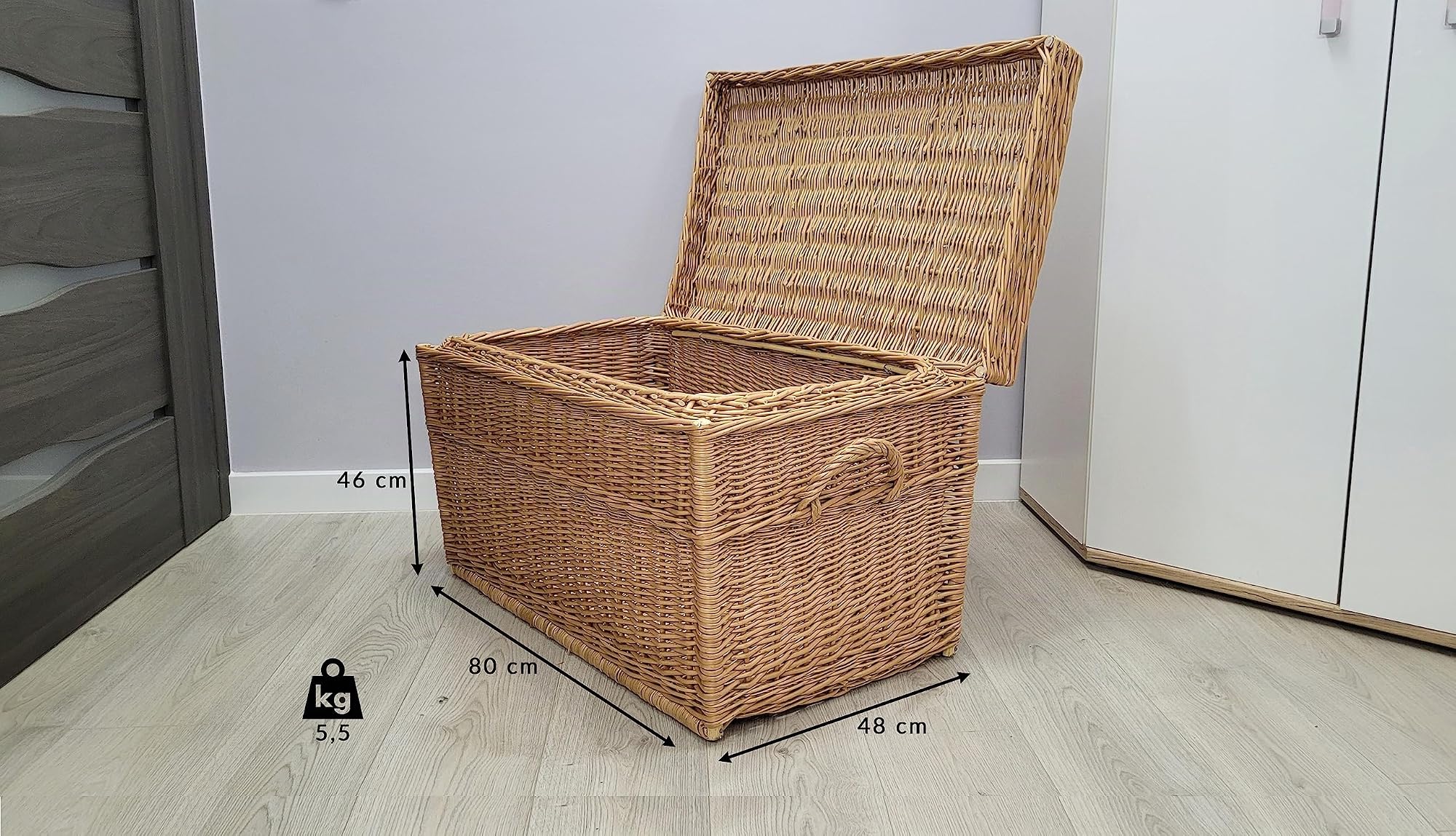 weeco Cesta de mimbre XL, extragrande, 80 cm, con tapa, pecho de mimbre