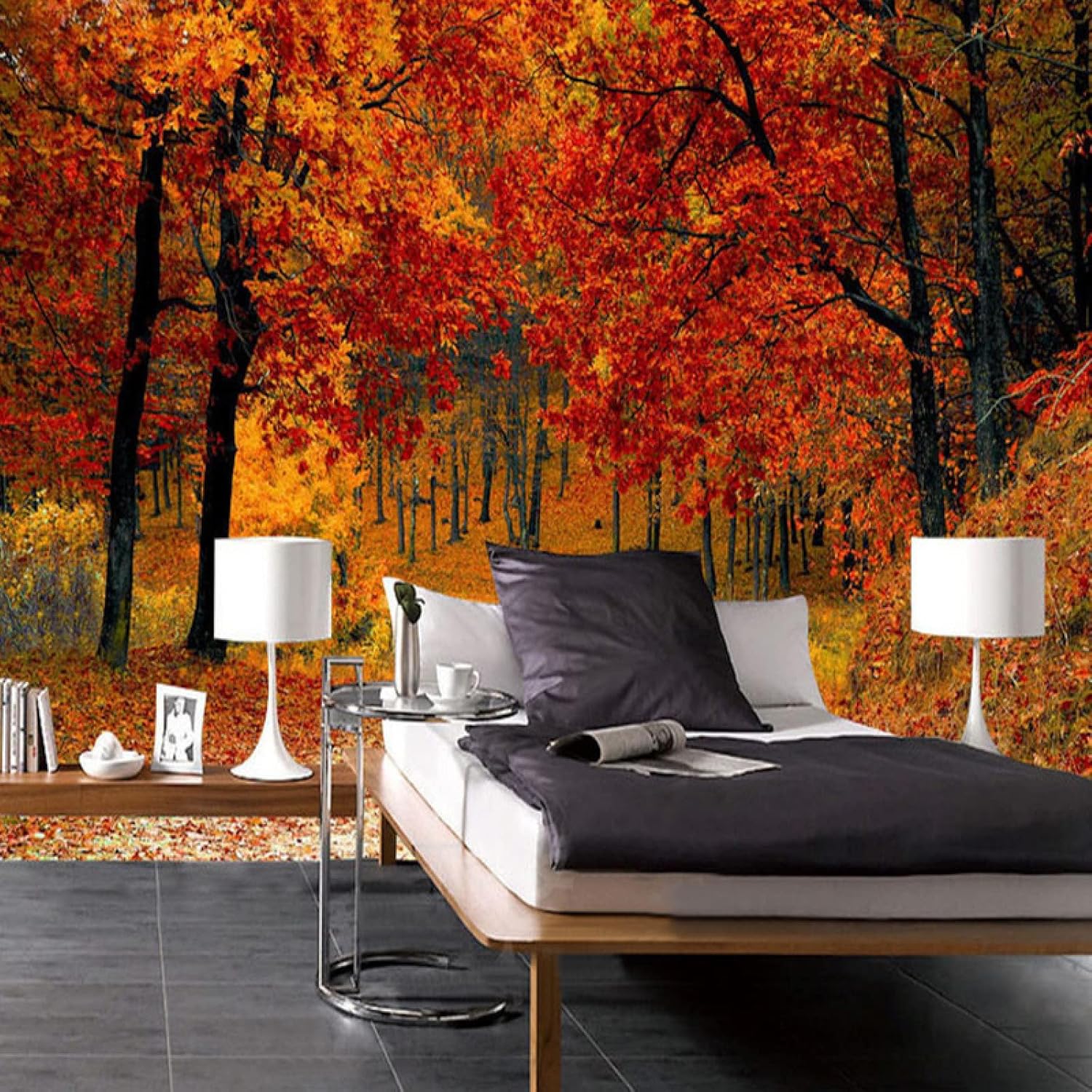 Red Maple Forest Wall Mural, Secluded Path Removable Non-Woven Wallpaper, Modern Large Sticker Foil Wall Decor for Hotels Living Room TV Background Wall,151"W x 105"H