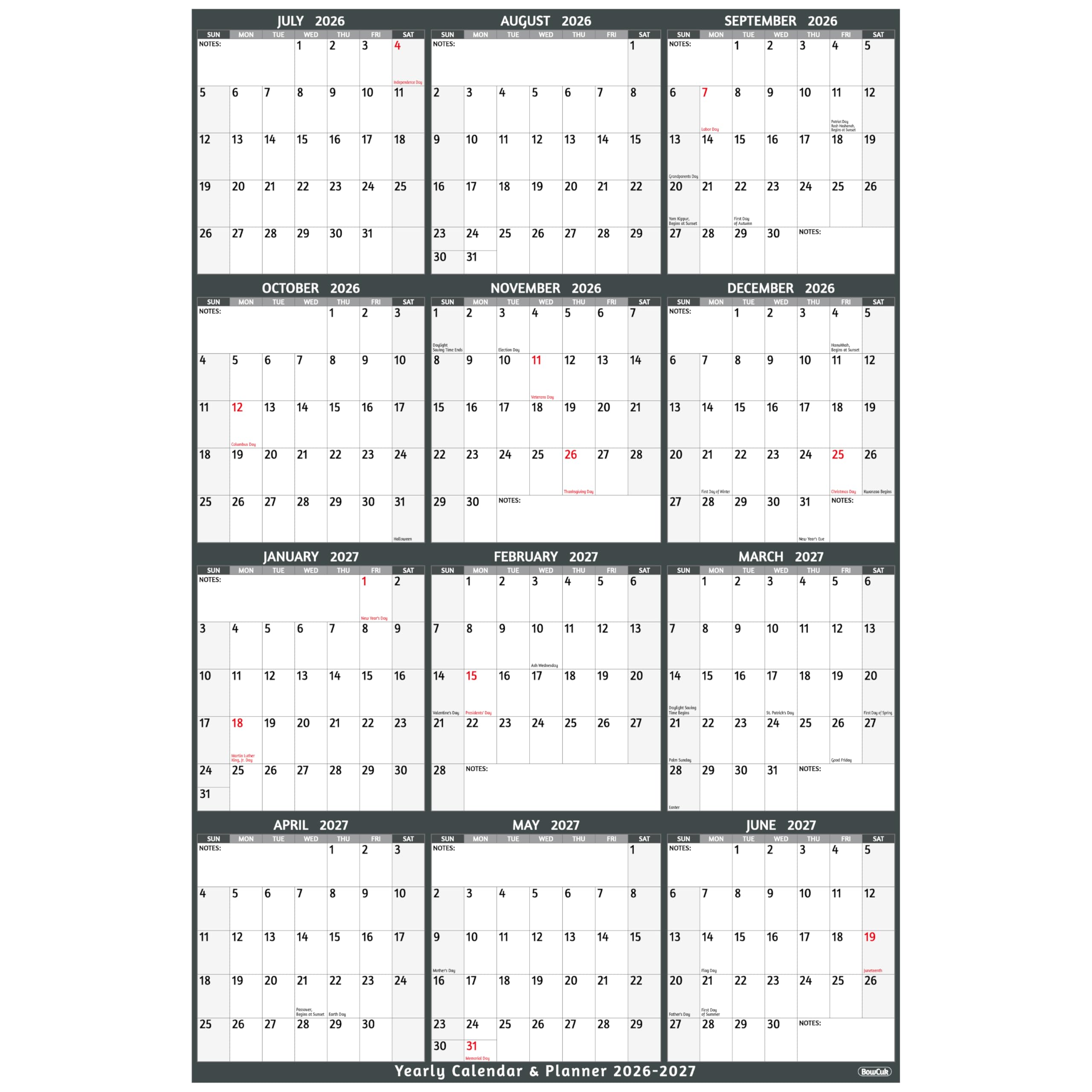 Jahreskalender 2026, vertikal, grau