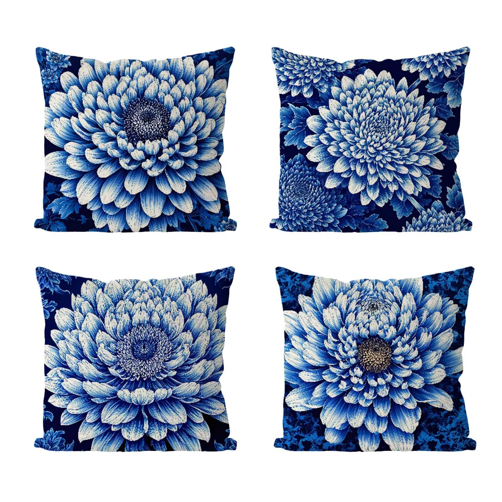 Kissenbezug 60x60 4er Set, Outdoor Kissen Blau Sofakissen, Wasserdicht Kissenbezüge Chrysantheme Dekokissen mit Unsichtbarem Reißverschluss, Zierkissenbezüge für Schlafzimmer Sofa Stuhl Bett G1-547