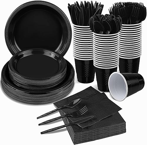 ADXCO Juego de vajilla desechable de 350 piezas, incluye platos de plástico, tazas, cuchillos, tenedores, cucharas, servilletas de papel, para 50