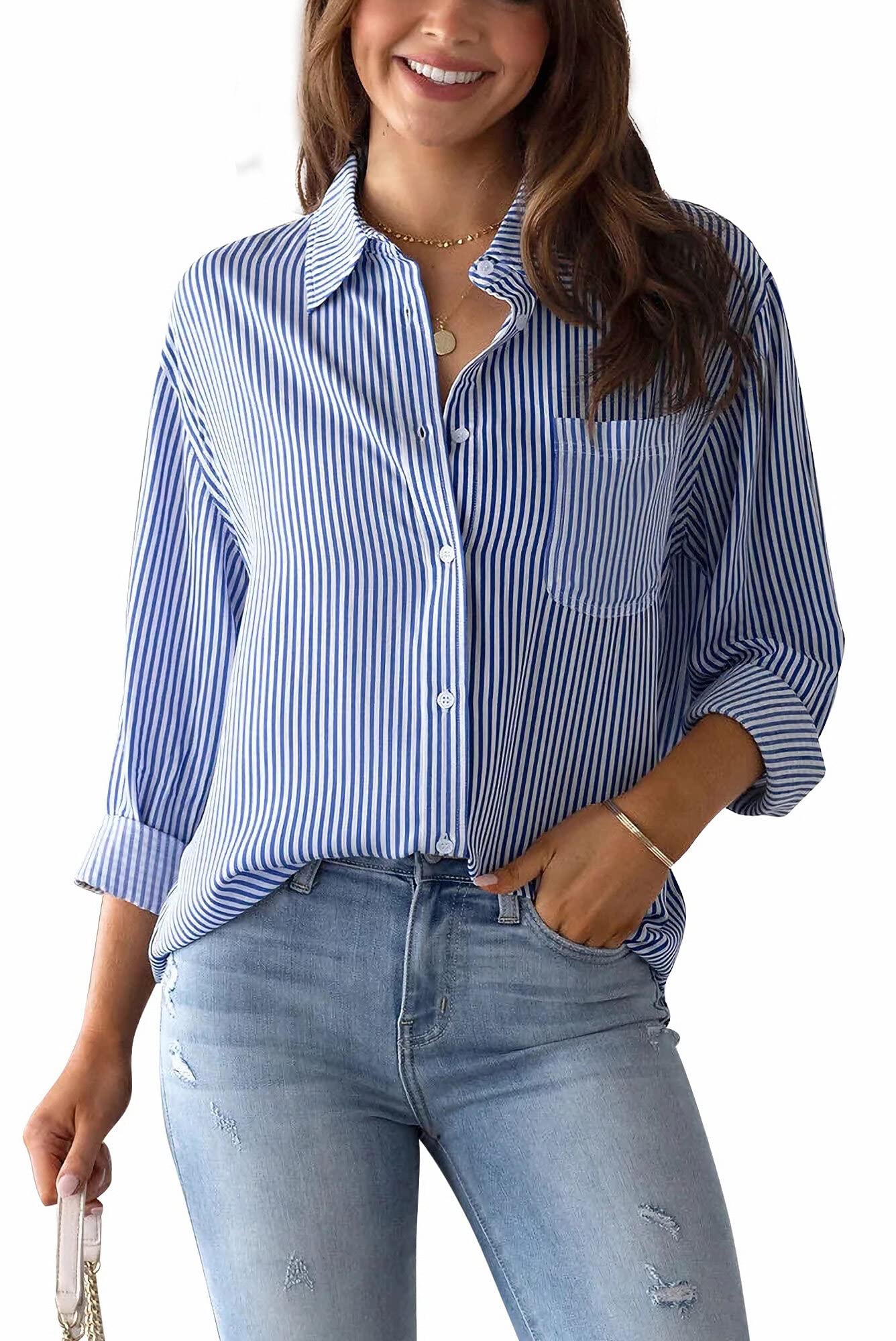Women’s Striped Linen Blouse Lone Sleeve Button Down Tunic Shirt Casual Elegant V Neck Blouse Basic Shirt Stylish Office Tops