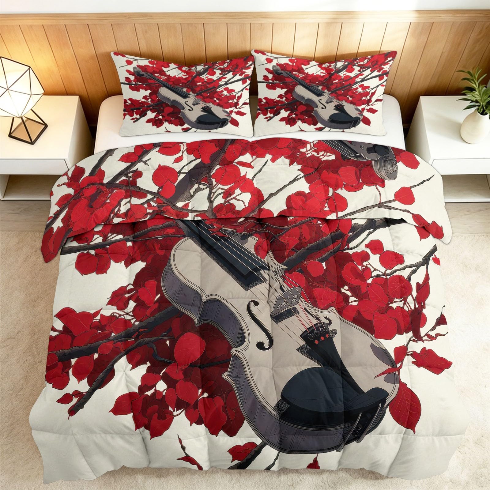 Edredón 140x200 cm clásico blanco de 4 estaciones con diseño musical de violín para cama juvenil